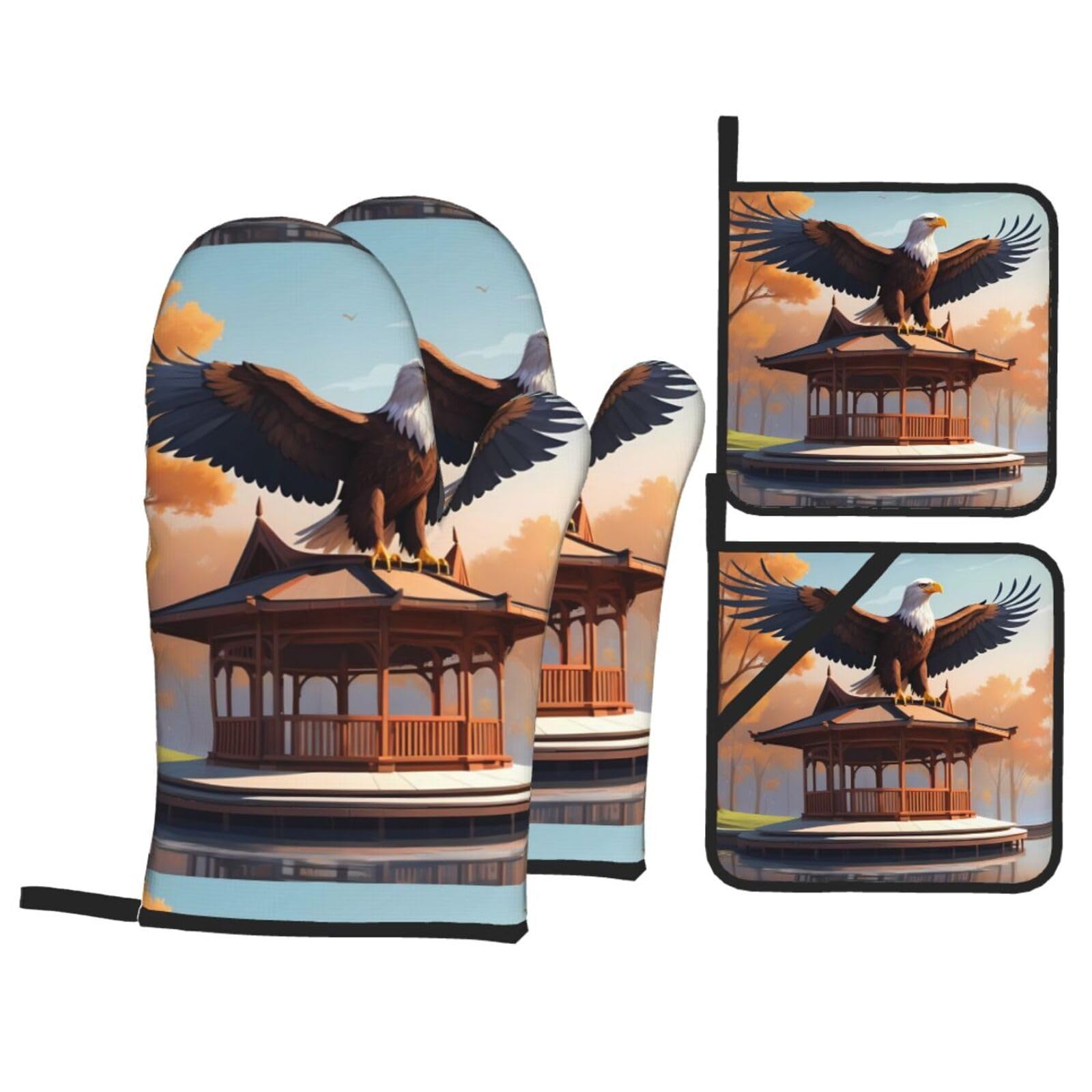 HJFCZH The Eagle On The Pavilion Picture Kitchen Baking Set of 4 Thick Insulated Oven Mitt & Pot Holders, Anti-Scalding for Microwave, Oven, Outdoor BBQ