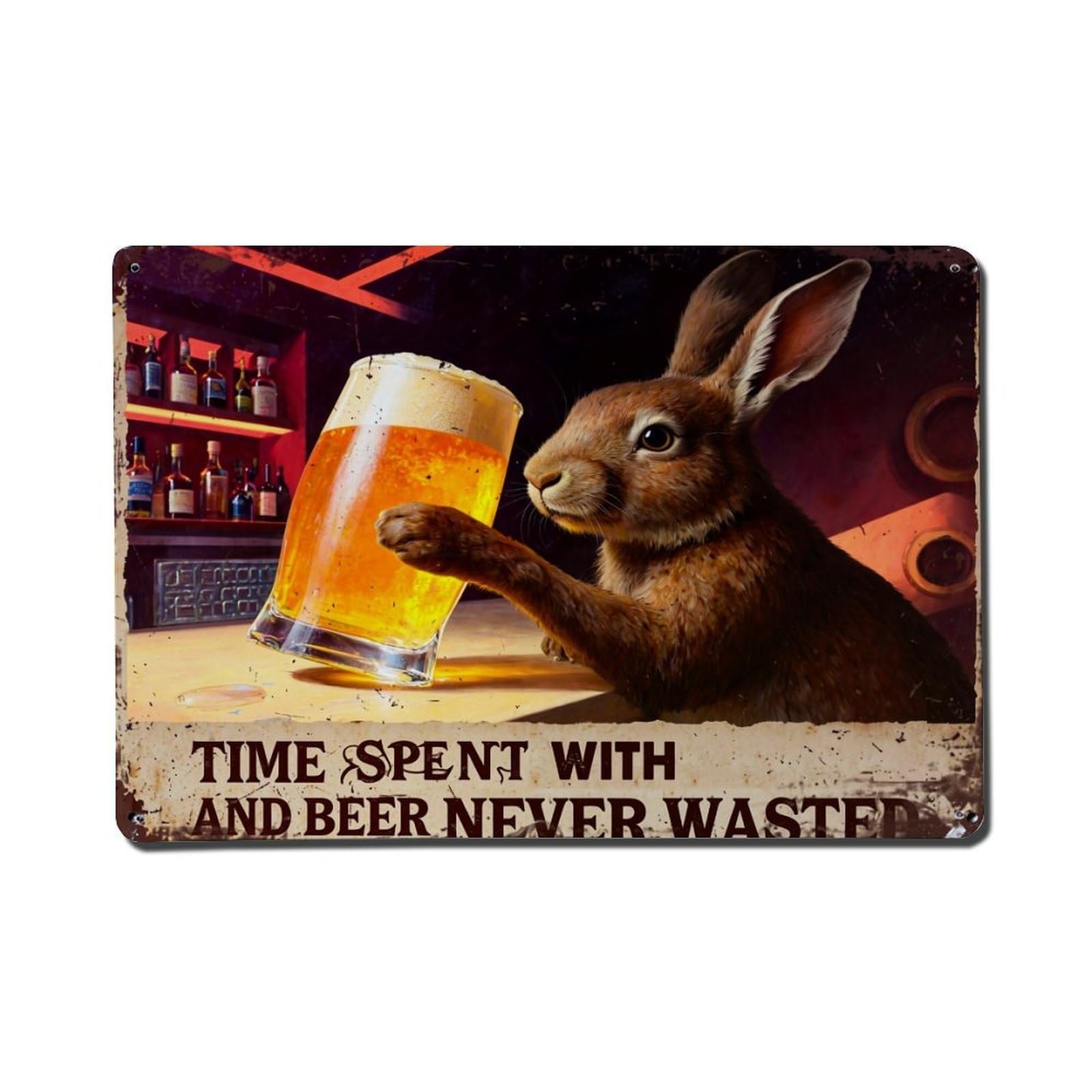 Rabbit Holding Beer Glass Bar Scene Retro Metal Tin Sign, Vintage Decor Art Poster for Bar, Home, Man Cave, Kitchen, Laundry Room Gift 8x12Inch