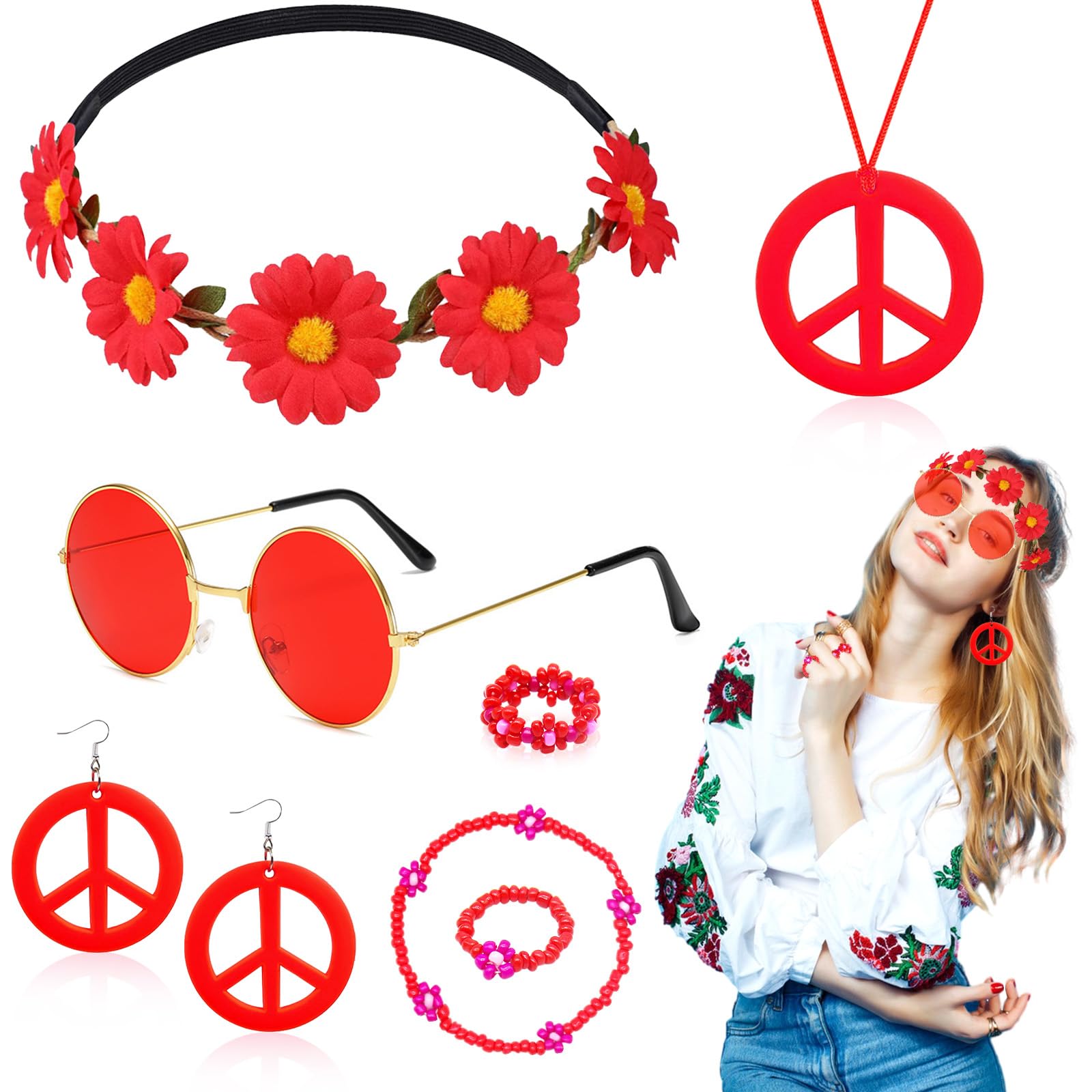 Dazzroi 7Pcs Hippie Costume Accessories for Women 60s 70s Dressing Accessories Set including Plastic Necklace Earring Flower Headband Bracelet Ring Sunglasses Retro Deco for Dress Up (red)
