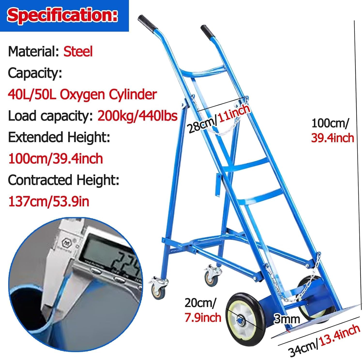 Carrello portabombole di Ossigeno Blu Resistente, Carrello Portatile per bombole di Gas con Ruote, Organizer in Acciaio per bombole di Ossigeno, Ideale per Uso Domestico e Medico.
