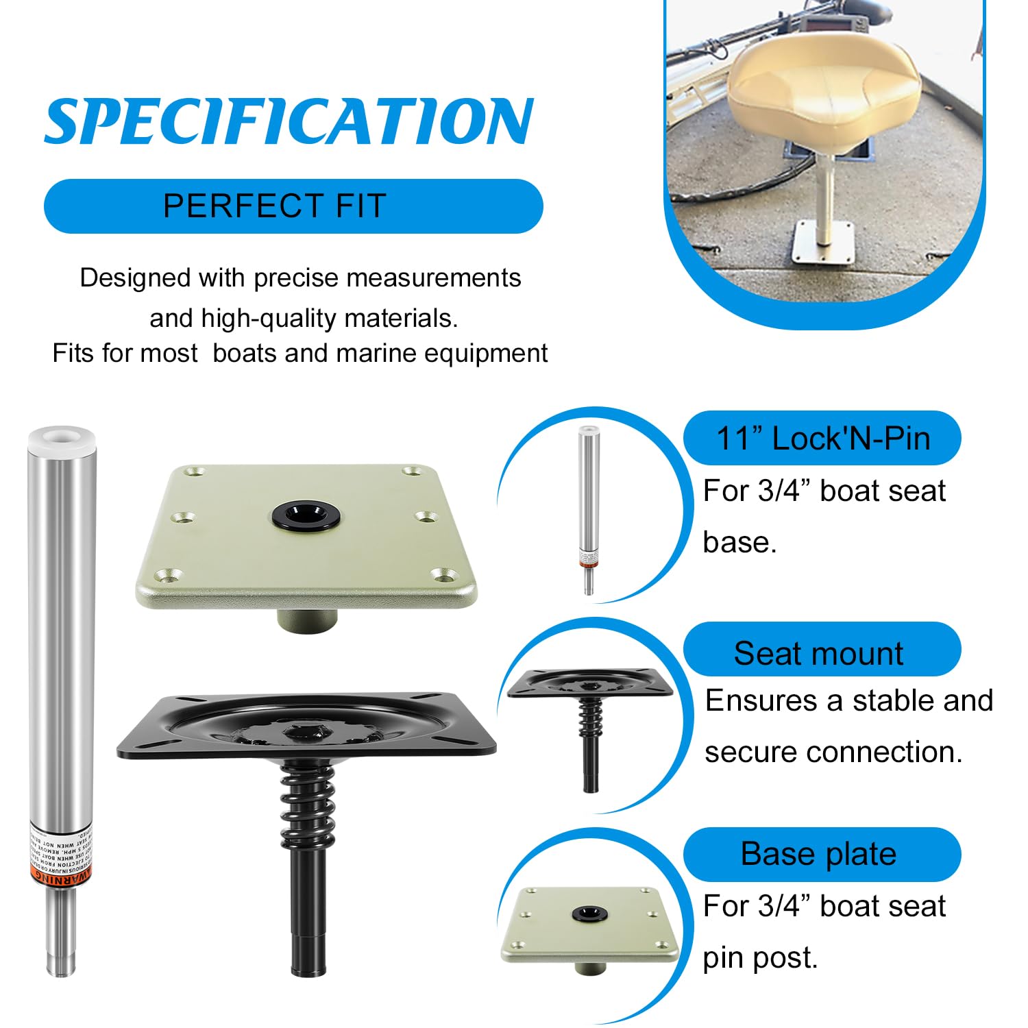 Il kit di montaggio per sedile della barca include Lock'N-Pin 3/4" (1002), SP-2114 perno fisso da 27,9 cm e piastra di base da 17,8 x 17,8 cm | Sistema di piedistallo di grado marino per sedili da