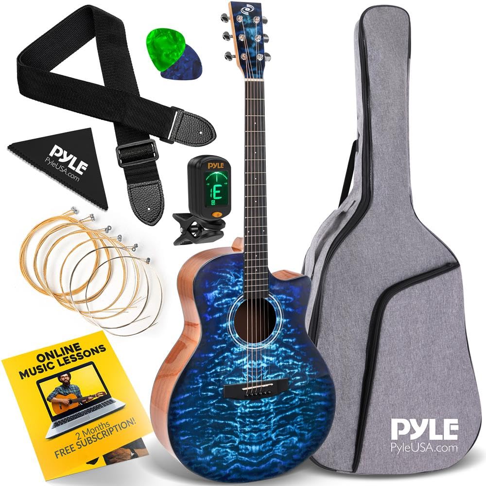Pyle Chitarra acustica, chitarra classica full size, corda in acciaio, 104,1 cm, blu, custodia, accordatore, corde extra, tracolla, plettri, per destrorsi