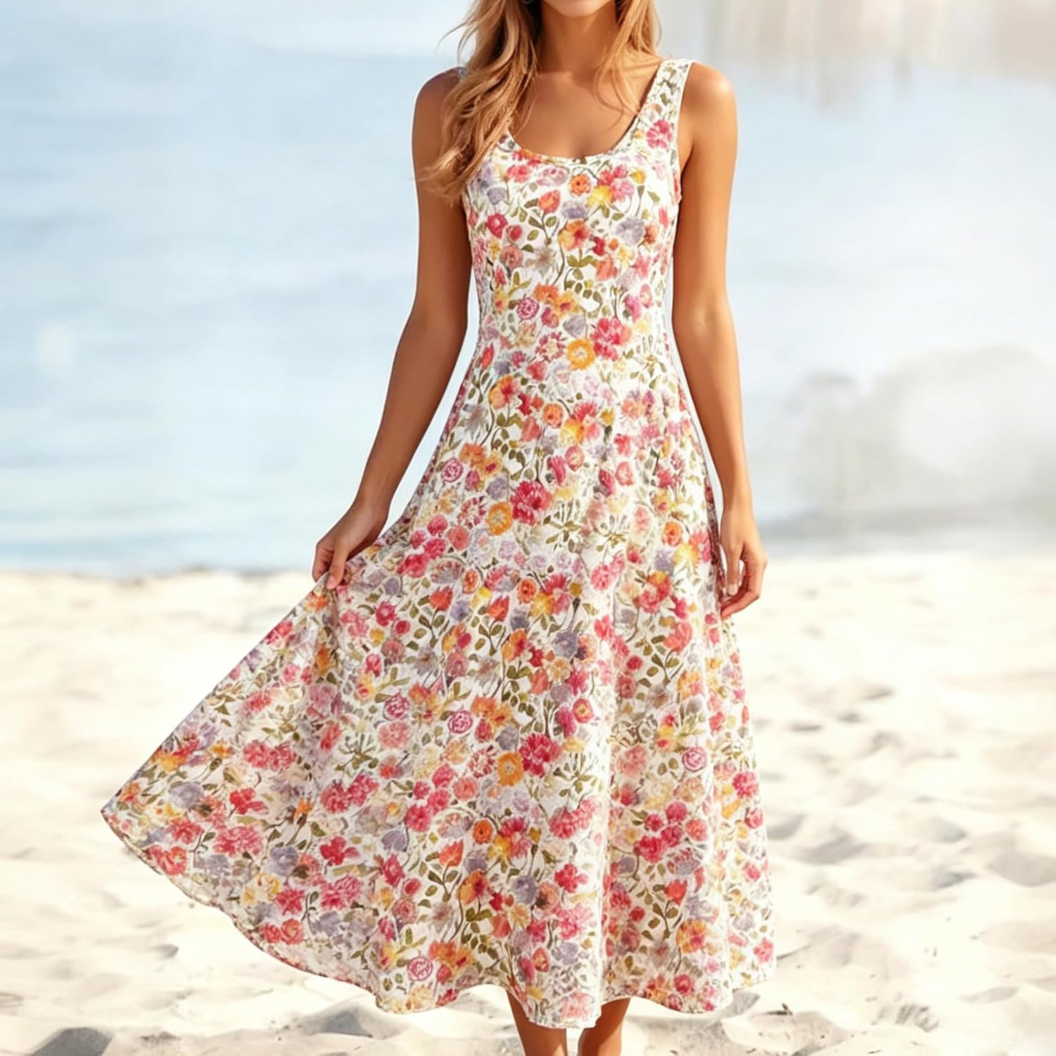 Women's Summer Boho Vacation Floral Print Sleeveless Tank Midi Dress Loose Flowy A Line Beach Sundress
