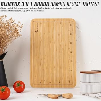 Bluefox 3 in 1 Bamboo Cutting Board: Practical Solution in the Kitchen with Chopping Board, Cutting Ruler and Tray Functions, Water Corrugated, Knife Friendly, Moisture Resistant Surface, 38x25 cm