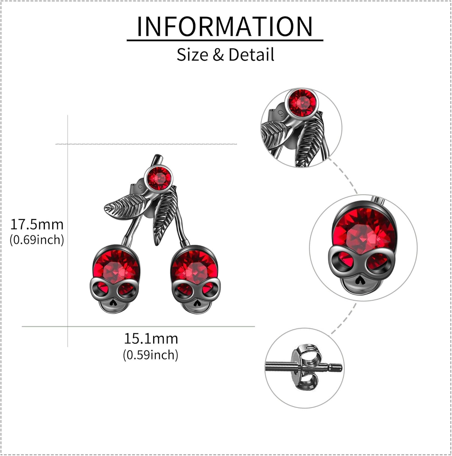 Skull Cherry Earrings S925 Sterling Silver Gothic Cherry Stud Earrings Red Skeleton Earrings Halloween Jewelry Gifts for Women - Image 4