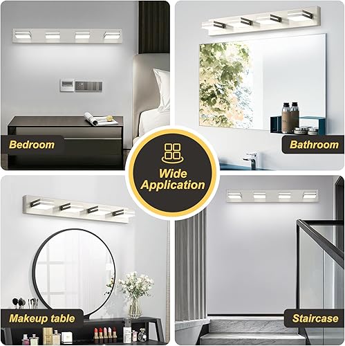 Miniatura 9 de OKELI 4 luces de tocador de baño de níquel cepillado LED regulable luz sobre espejo moderno accesorio de iluminación montado en la pared, cabezal de