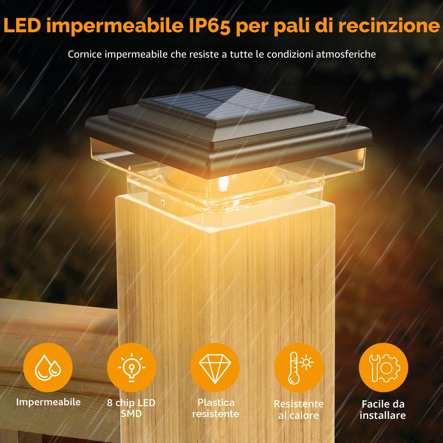Lampada per Pilastro Solare per Pali 7x7 8x8 9x9 10x10cm, 4 pezzi | 6000-6500K con 8 Bianco Caldo LEDs, Impermeabile per Patio Recinzione Pali