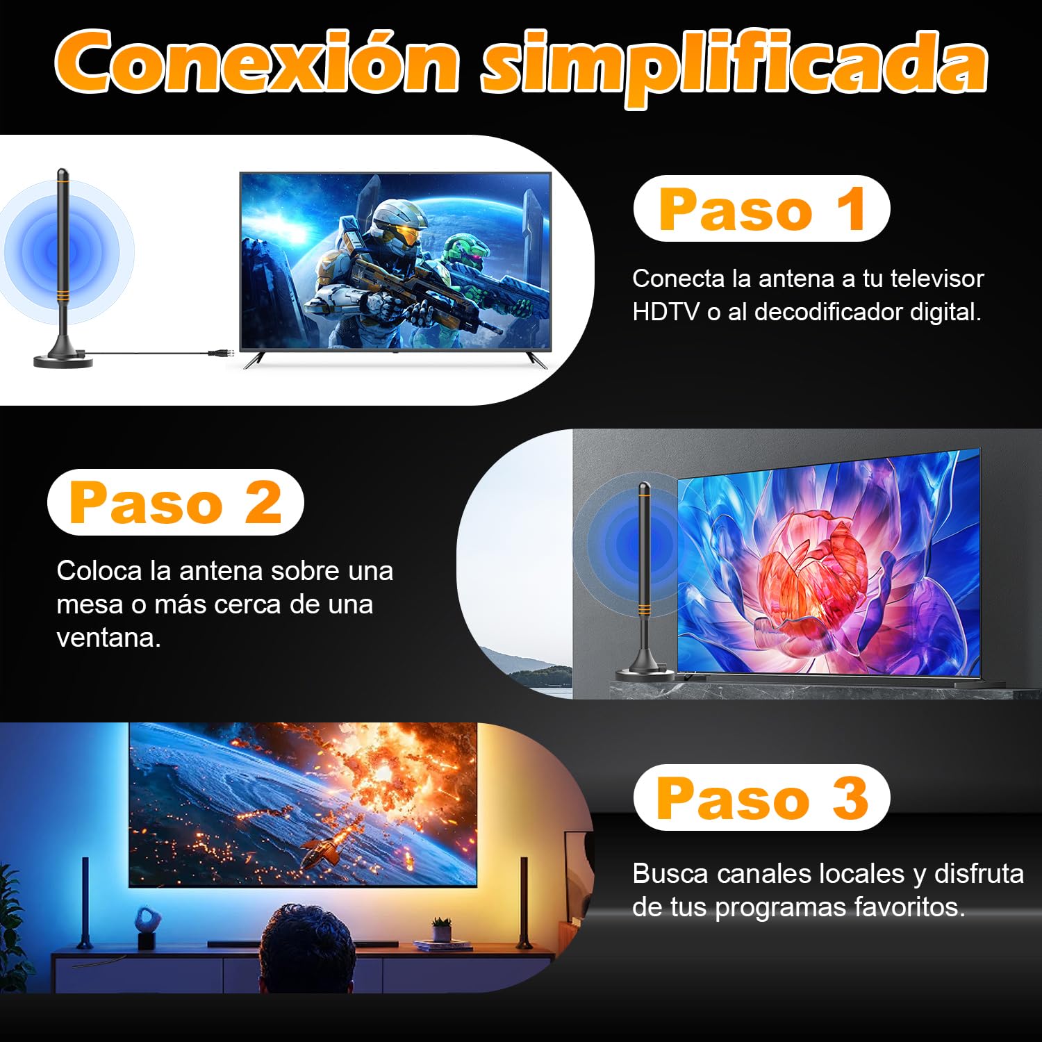 Antena TV Interior HD – Recepción 360°, Antena TDT Potente para Canales 4K/1080p, Base Magnética Estable, Fácil Instalación, Compatible con DVB-T2/DVB-T, Canales Gratis sin Cable