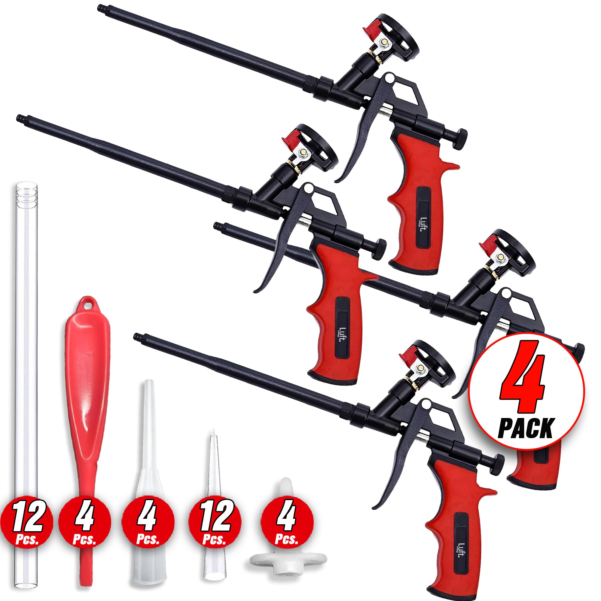 Luft Professional Expanding Foam Spray Gun (4 Insulation Guns + 12 Extenders) PU Insulating Applicator Heavy Duty Metal Body Dispensing Foam Gun Suitable for Caulking, Filling, Sealing (4 Pack)