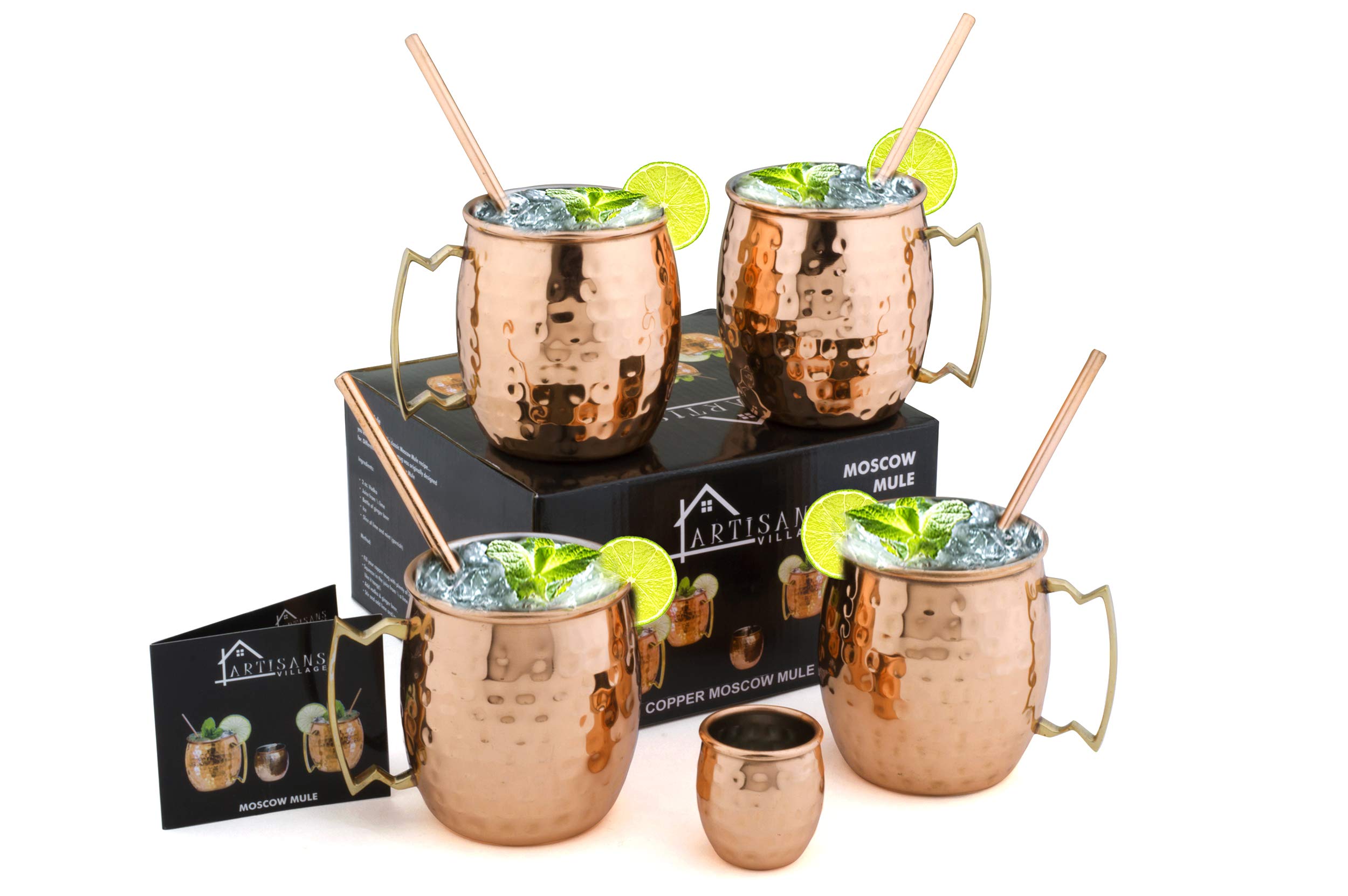 Moscow Mule Copper Mugs: Set of 4 Stainless Steel Lined Copper mugs (16 oz), 4 Straws, and a Shot glass - 9 Piece Set Hammered Copper