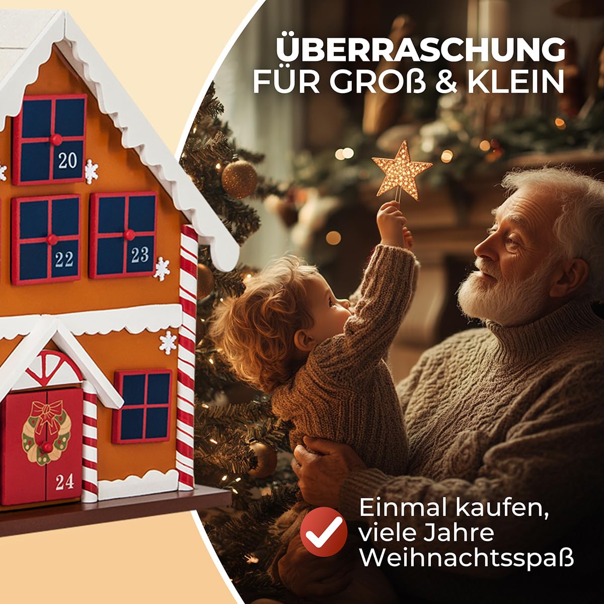 SPIELWERK® Adventskalender Winterhäuschen zum Befüllen 24 Türchen wiederverwendbar Bunt Bemalt Weihnachten Kinder DIY weihnachtliche Holz Dekoration