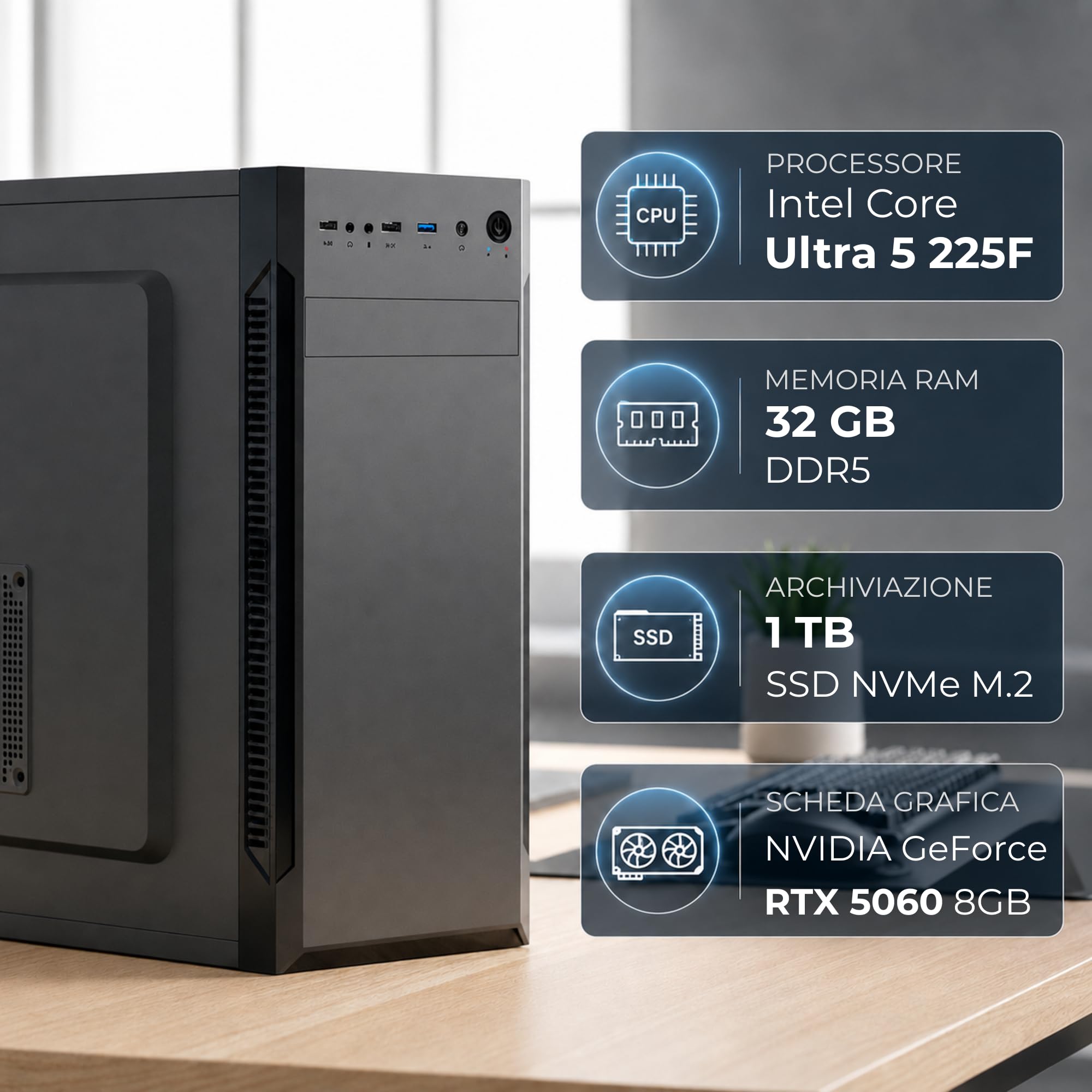 PC Fisso Intel Core Ultra 5 225F AI Integrata • Scheda Video RTX 5060 8GB • RAM 32GB DDR5 • SSD 1TB NVMe M.2 • WiFi AC e Bluetooth • HDMI • USB 3.2 • Computer Fisso Desktop Windows 11 Pro