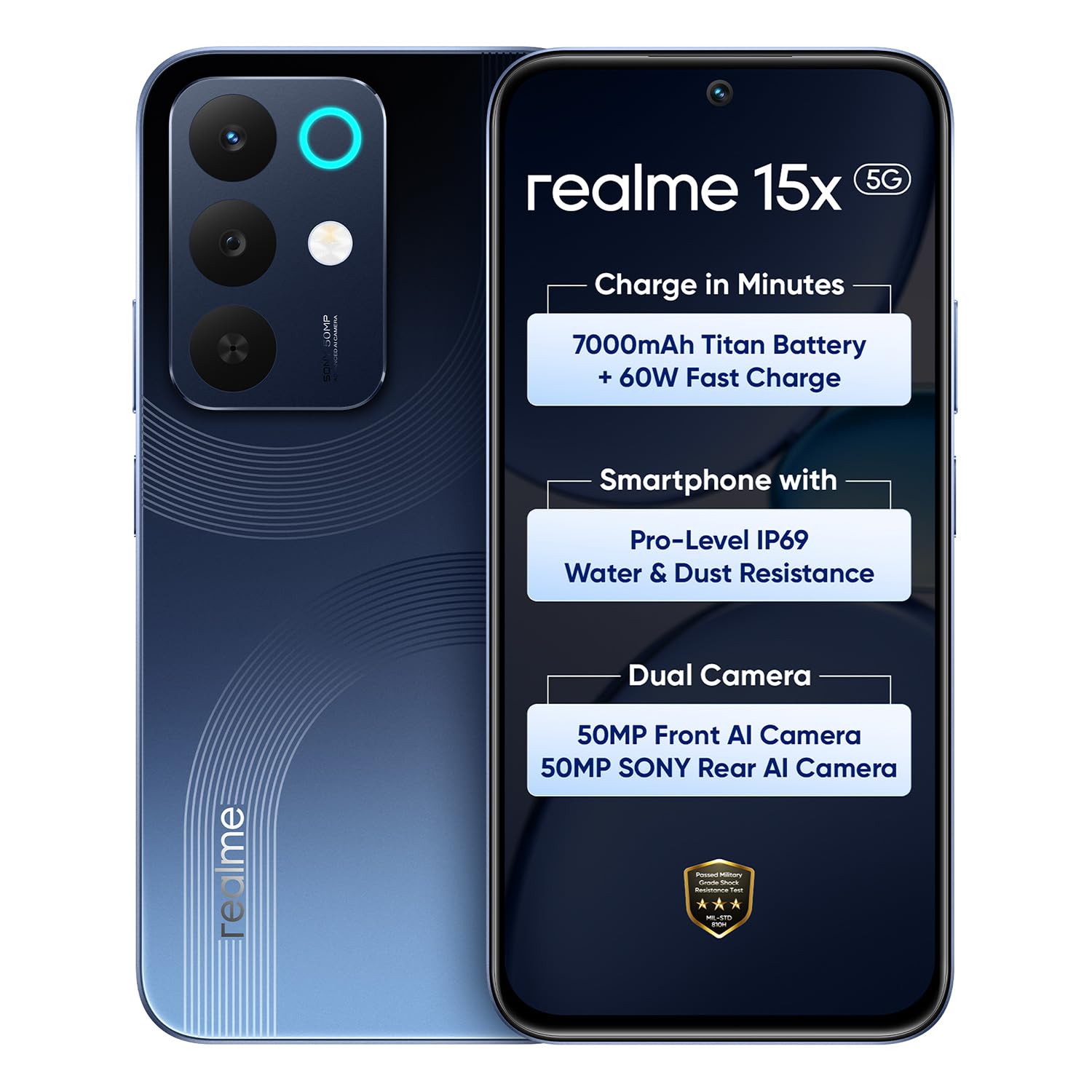 realme 15X 5G Smartphone 8+256GB Marine Blue, 6.8-inch Screen, 144Hz Display,7000mAh Battery, 60W Fast Charging, 50+50MP AI Camera,Dimensity 6300 6nm Octa-core chipset Processor, IP69 realme 15X 5G Smartphone 8+256GB Marine Blue, 6.8-inch Screen, 144Hz Display,7000mAh Battery, 60W Fast Charging, 50+50MP AI Camera,Dimensity 6300 6nm Octa-core chipset Processor, IP69