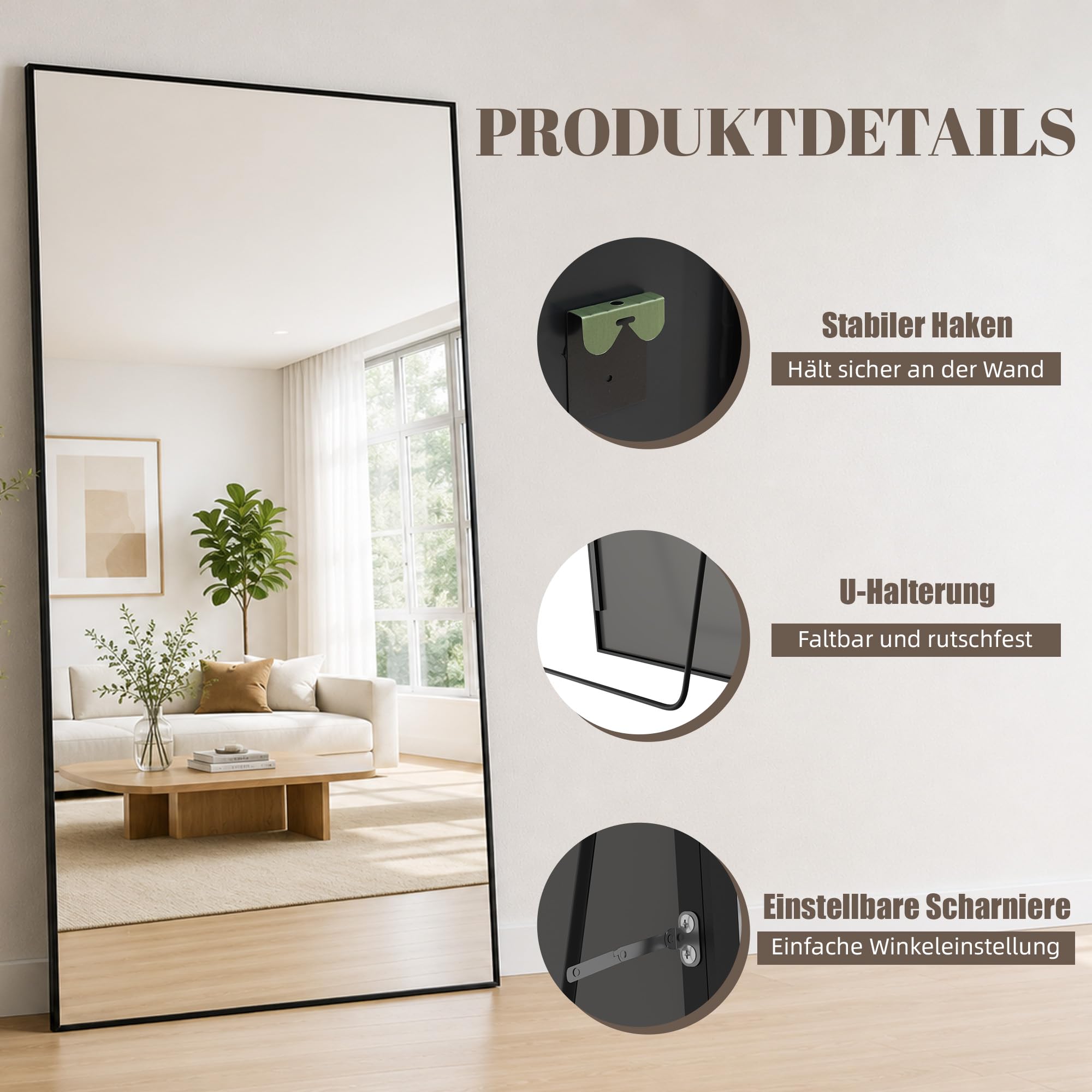 Aplancee Ganzkörperspiegel Standspiegel 190x85 cm, Großer Bodenspiegel zum Anlehnen oder Aufhängen, Rechteckig HD-Spiegel für Ankleidezimmer Schlafzimmer Wohnzimmer, Schwarz