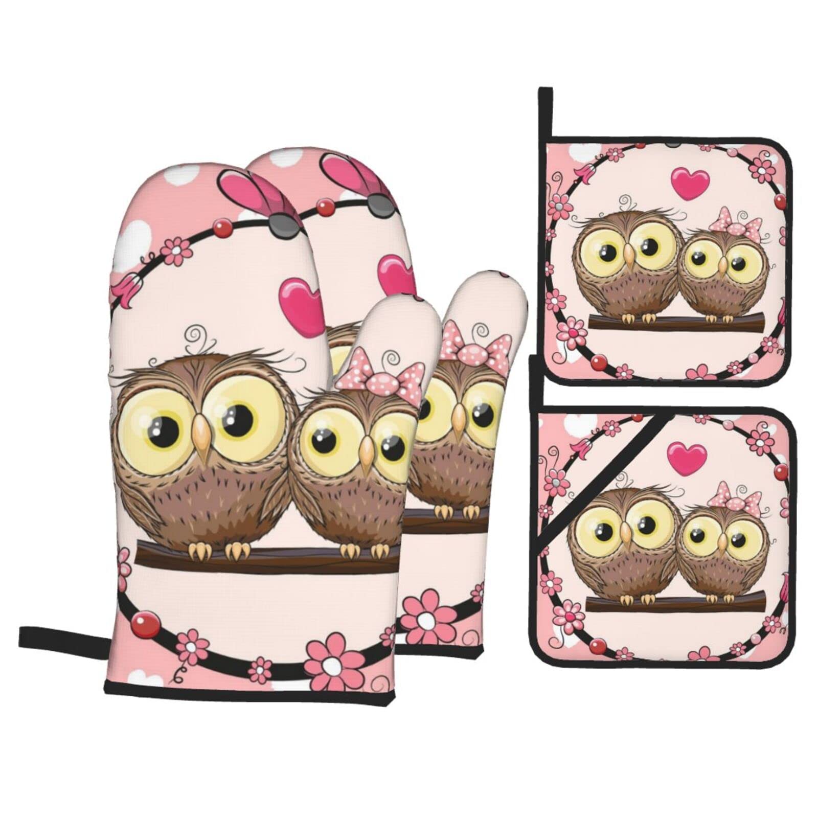 Cute Owls Print Kitchen Baking Four Piece Set of Heat Resistant Thick Cotton Oven Mitts for Cooking, Baking and Grilling