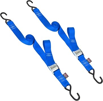PowerTye 2 inch x 8ft Cam Buckle Tie Down Straps with S-Hooks, Blue Pair