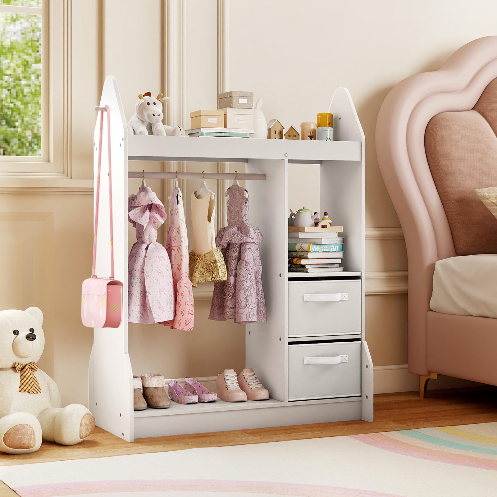 COSTWAY Armario de Almacenamiento Infantil con Espejo Acrílico y Perchero, Blanco