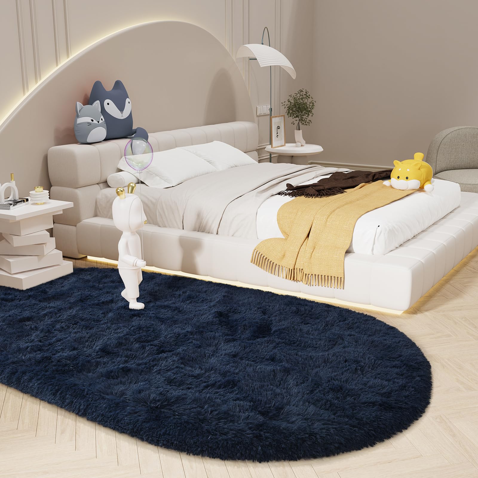 LOCHAS Bedroom Rug 3.3' x 6.2', Navy Fluffy Shaggy Area Rug for Bedroom Bedside, Soft Oval Throw Rugs Carpet for Kids Girls Nursery Living Room Home