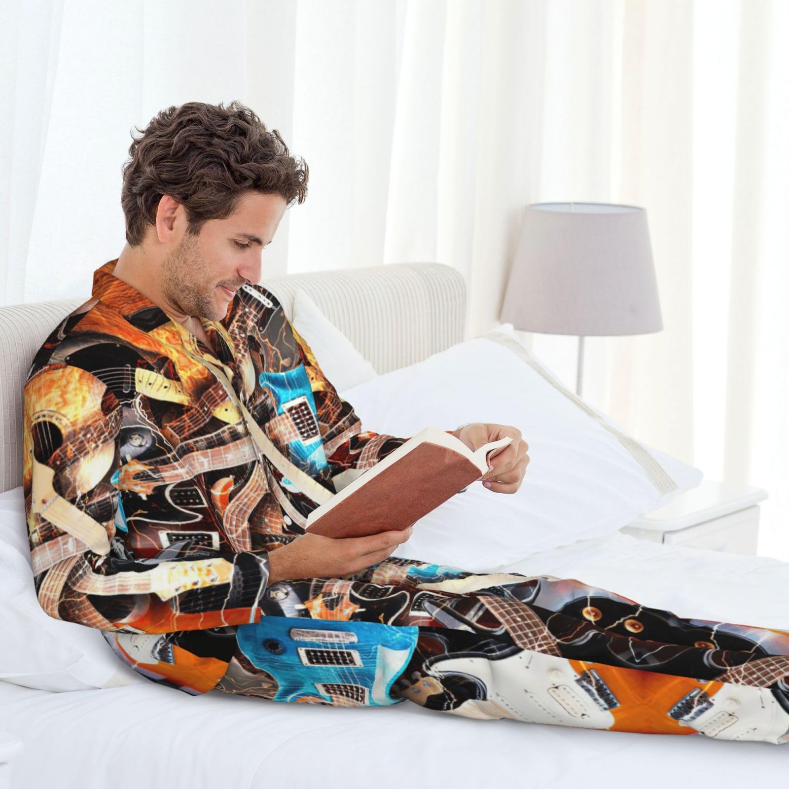 Conjunto de pijama para hombre con estampado de guitarra musical, pijama suave de manga larga con botones y bolsillos