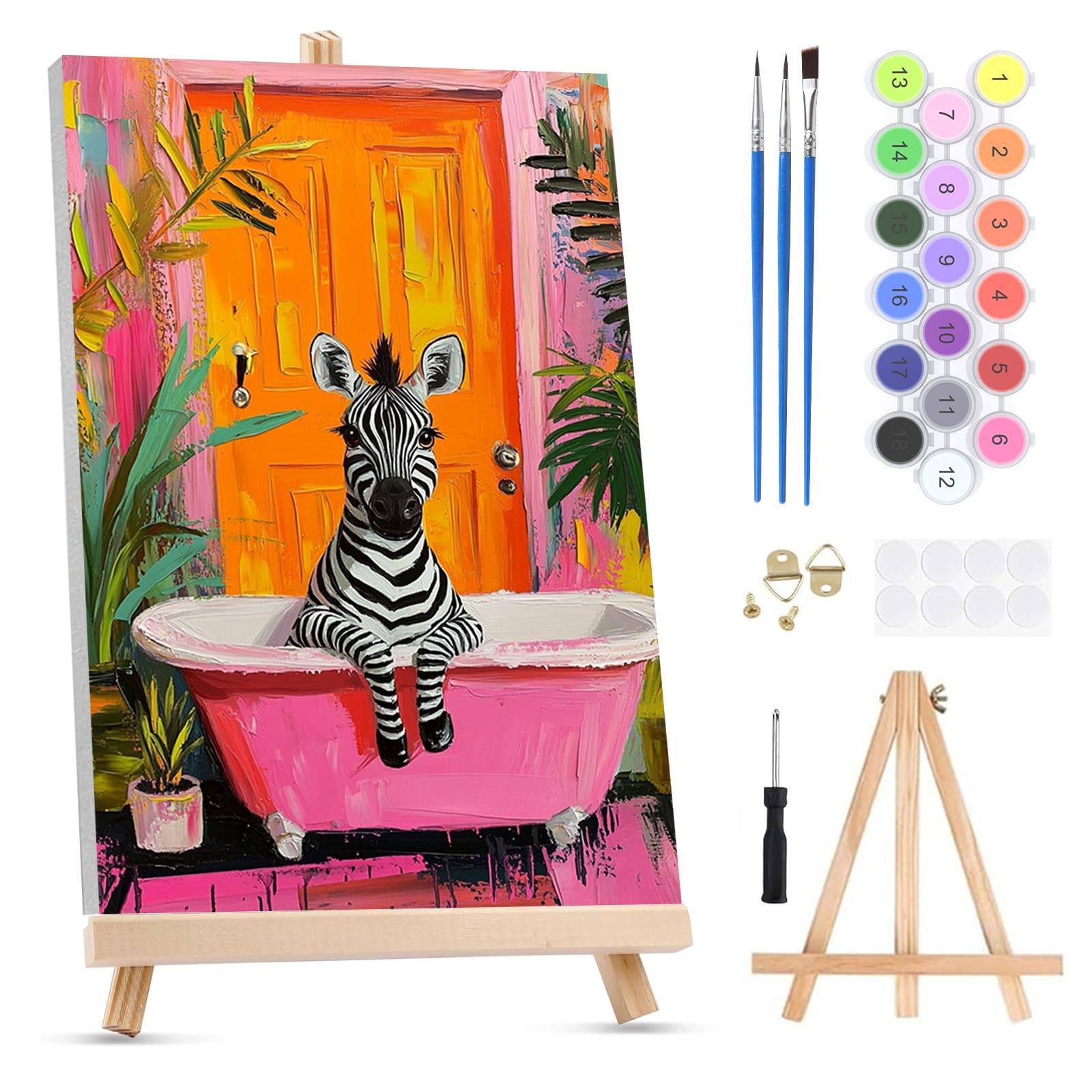QENSPE Paint by Numbers for Adults on Framed Canvas - with Wooden Easel, Zebra Painting by Number Kit for Beginners, DIY Bathtub Acrylic Oil Painting for Home Wall Decor (8x12 inch)