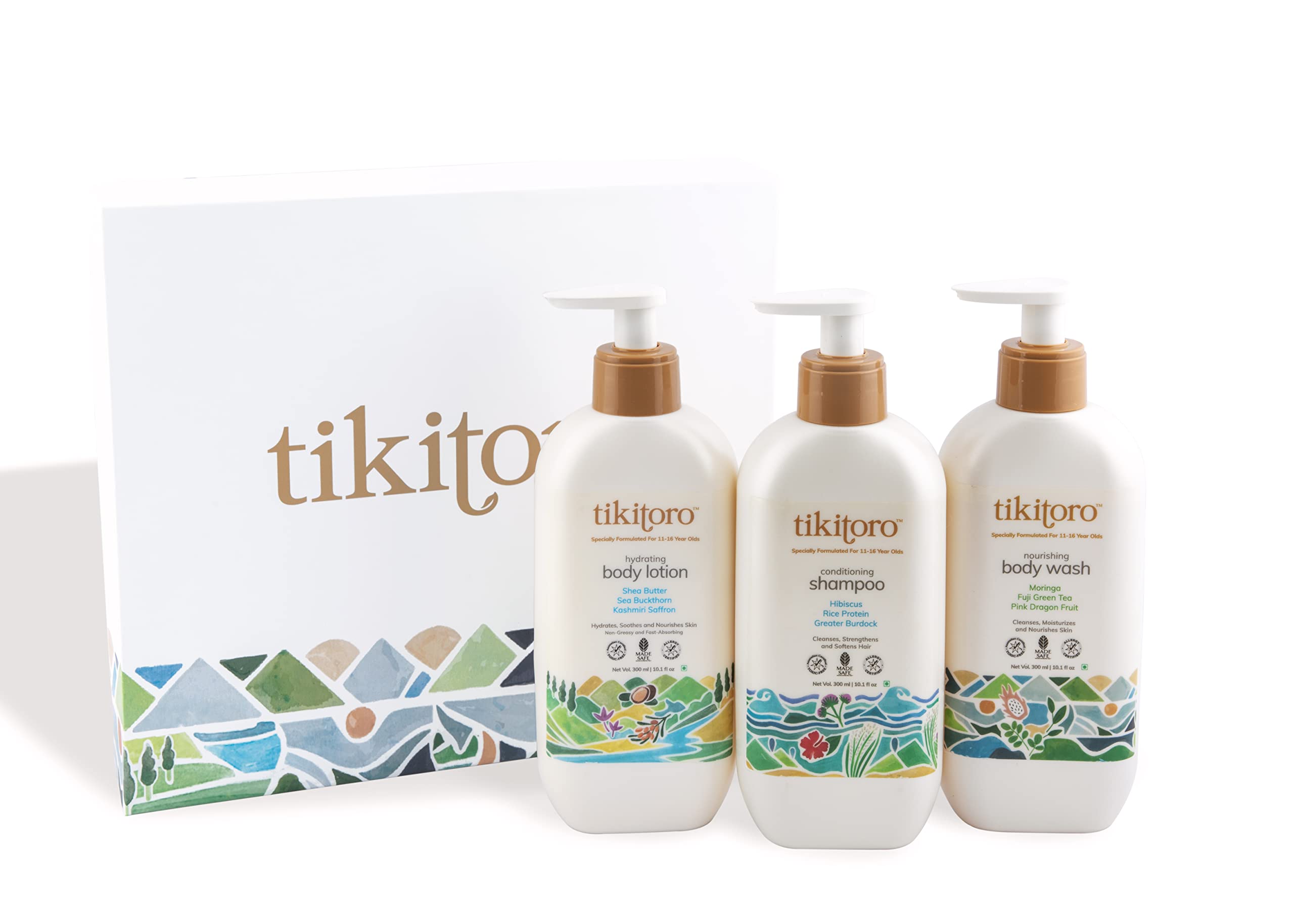 Tikitoro Teens Natural Bath Gift Set Combo ( 300ml x 3 ), Nourishing Body Wash, Conditioning Shampoo & Hydrating Body Lotion, Gift Box for Teens, Age: 11+ Years.
