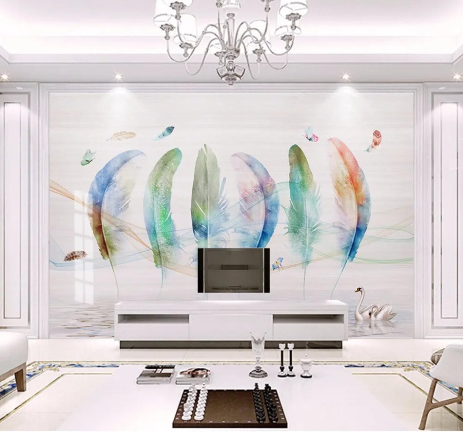 Wallpaper-3D-Xlm 400Cm×280Cm(B×H) Beautiful Watercolour Feathers Swans Lakes 3D Wallpaper Easy Install Feature Office Living Room Sofa Bedroom Tv Background Wall Decoration-400Cm×280Cm