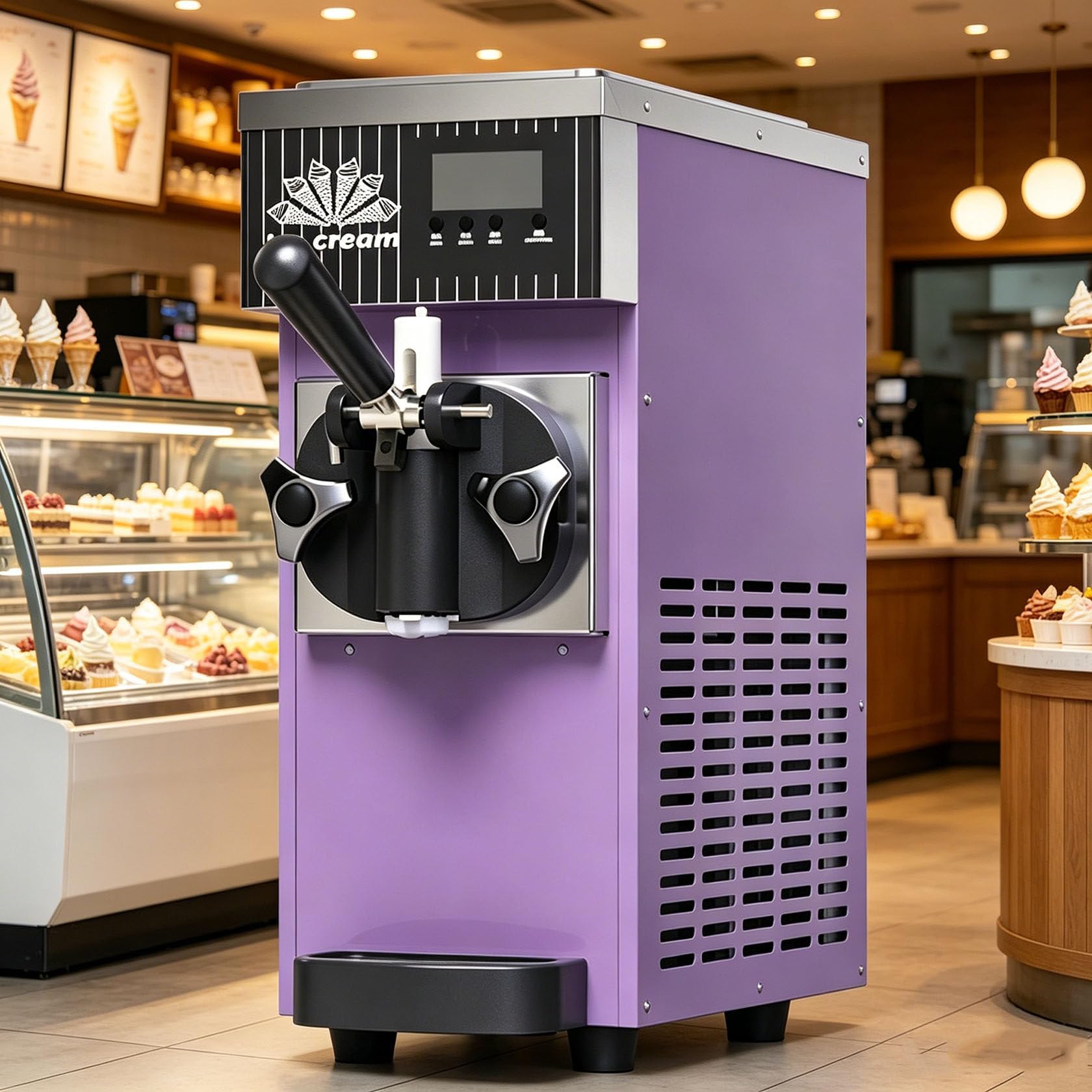 HUMNZR Soft Serve Single Flavor Ice Cream Machine,Countertop Yogurt Maker 4-8kg/H Output, 3.5l Refrigerated Hopper, 1l Freezing Tank, Auto Clean, Lcd Panel For CaféS And Milk Tea Shops Purple-450W
