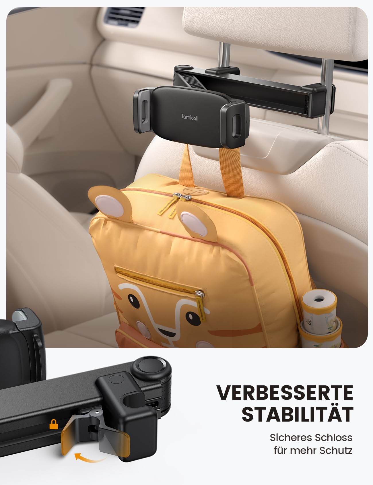 Lamicall Tablet Halterung Auto Kopfstütze - [2026 Sicherheitsschloss] Ausziehbar Tablethalterungen Auto, KFZ Tablet Kopfstützenhalter für iPad, Smartphone, Switch, Samsung Tab und 4,7-13 Zoll Geräte