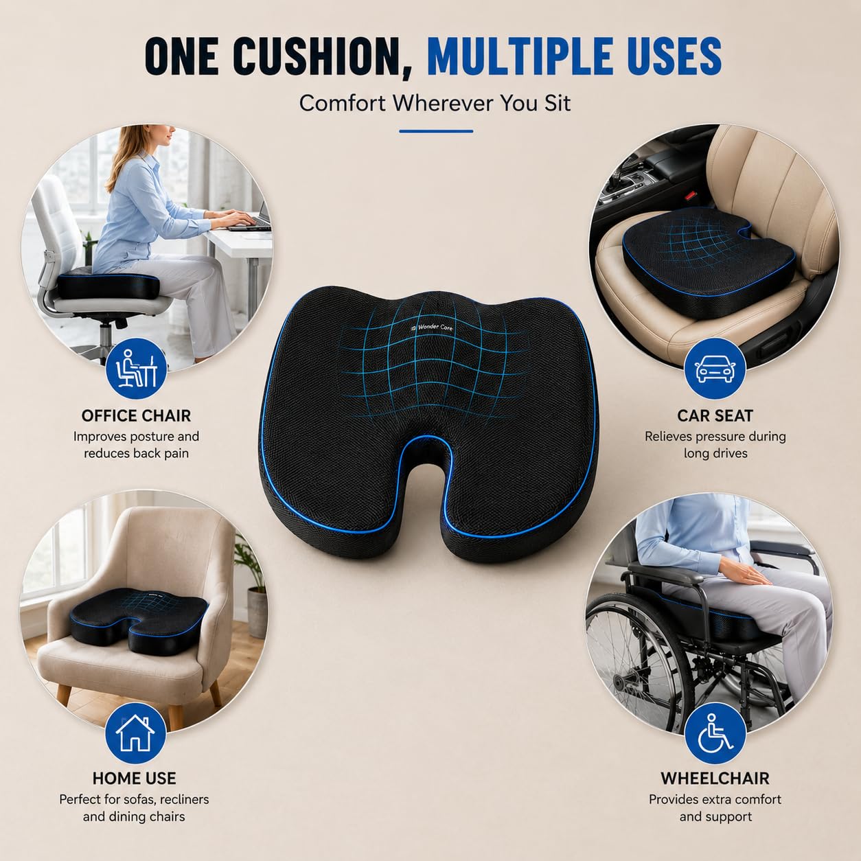 Wonder Care Cuscino ortopedico per coccige, memory foam ad alta densità per mal di schiena, sciatica, sollievo dal coccige | 2 anni di garanzia (copertura in rete, 70 kg)