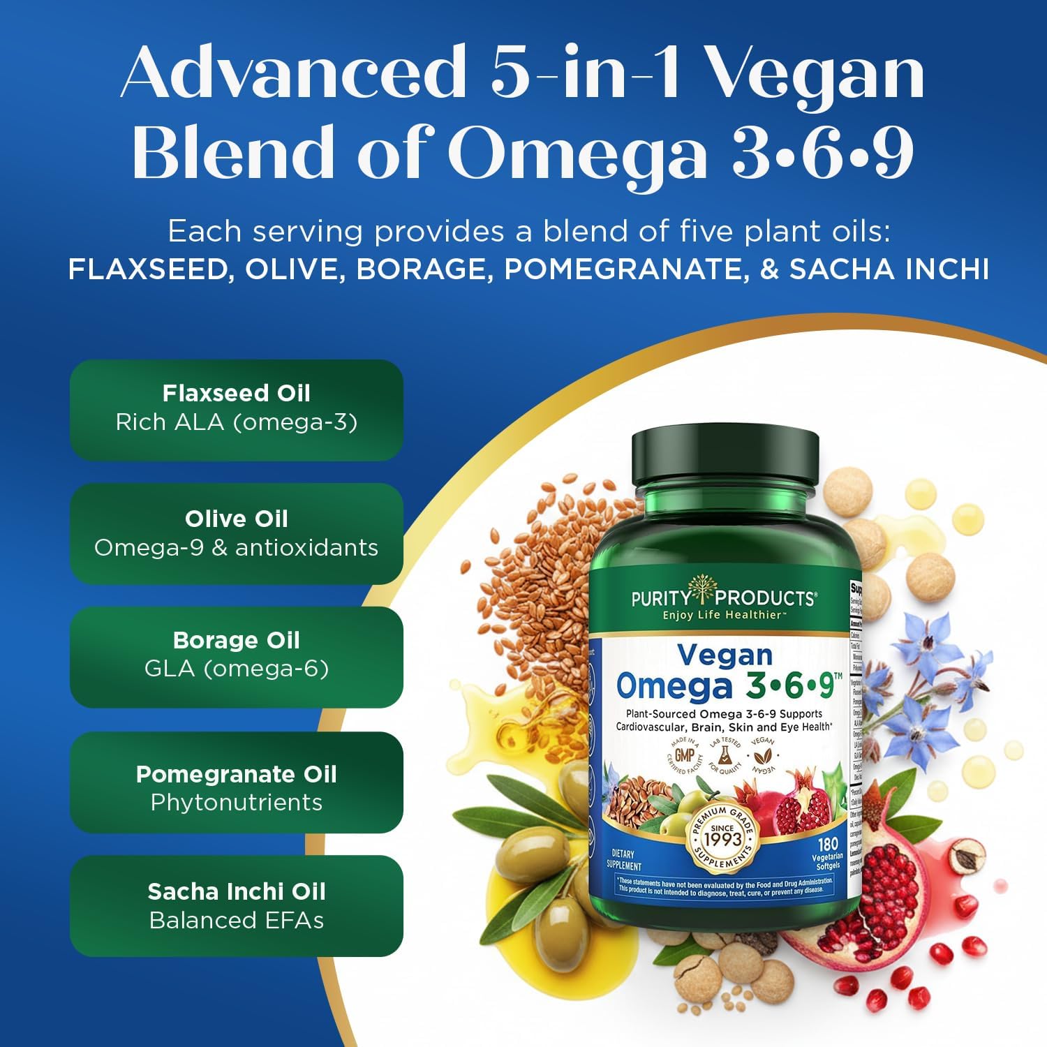 Purity Products Vegan Omega 3 6 9 Formula - “5 in 1” Essential Fatty Acid Complex - Scientifically Formulated Plant-Based Vegan Omega 3-6-9 Essential Fatty Acids (EFA) - 3 Month Supply - 180 Softgels