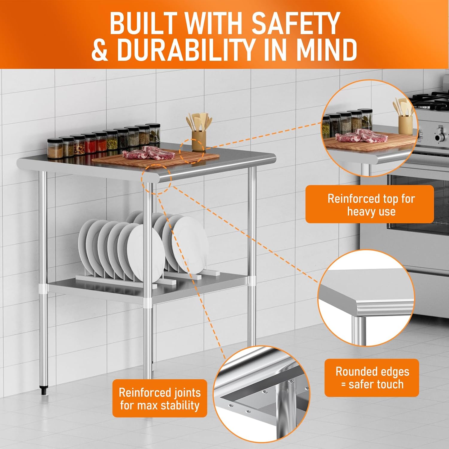Stainless Steel Table for Prep & Work 30" X 30" inches with Adjustable Undershelf, Commercial Workstations, Utility Table in Kitchen Garage Outdoor BBQ