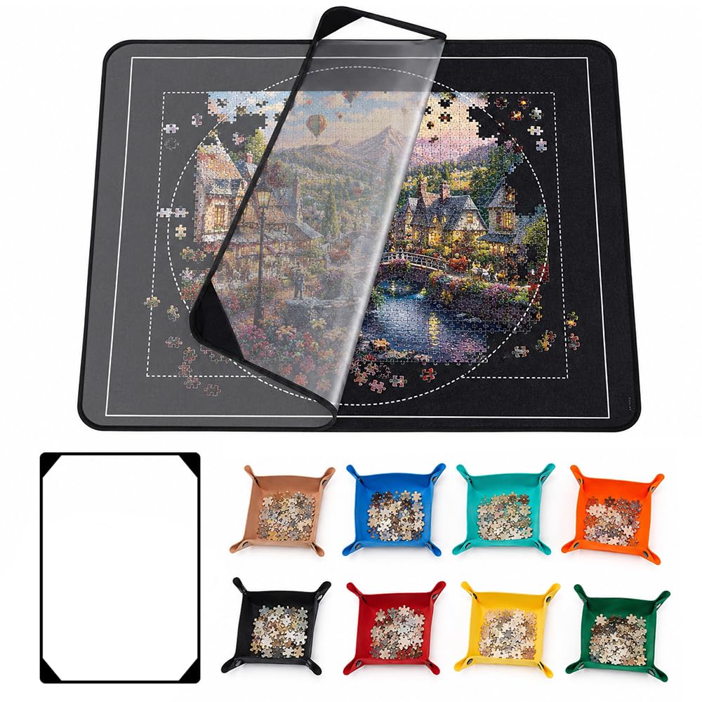 Jigsaw Puzzle Board, Foldable Jigsaw Board for 1000 Pieces, Portable Puzzle Mat with Dustproof Cover & 8 Puzzle Sorting Trays, Sturdy Puzzle Boards and Storage for Adults