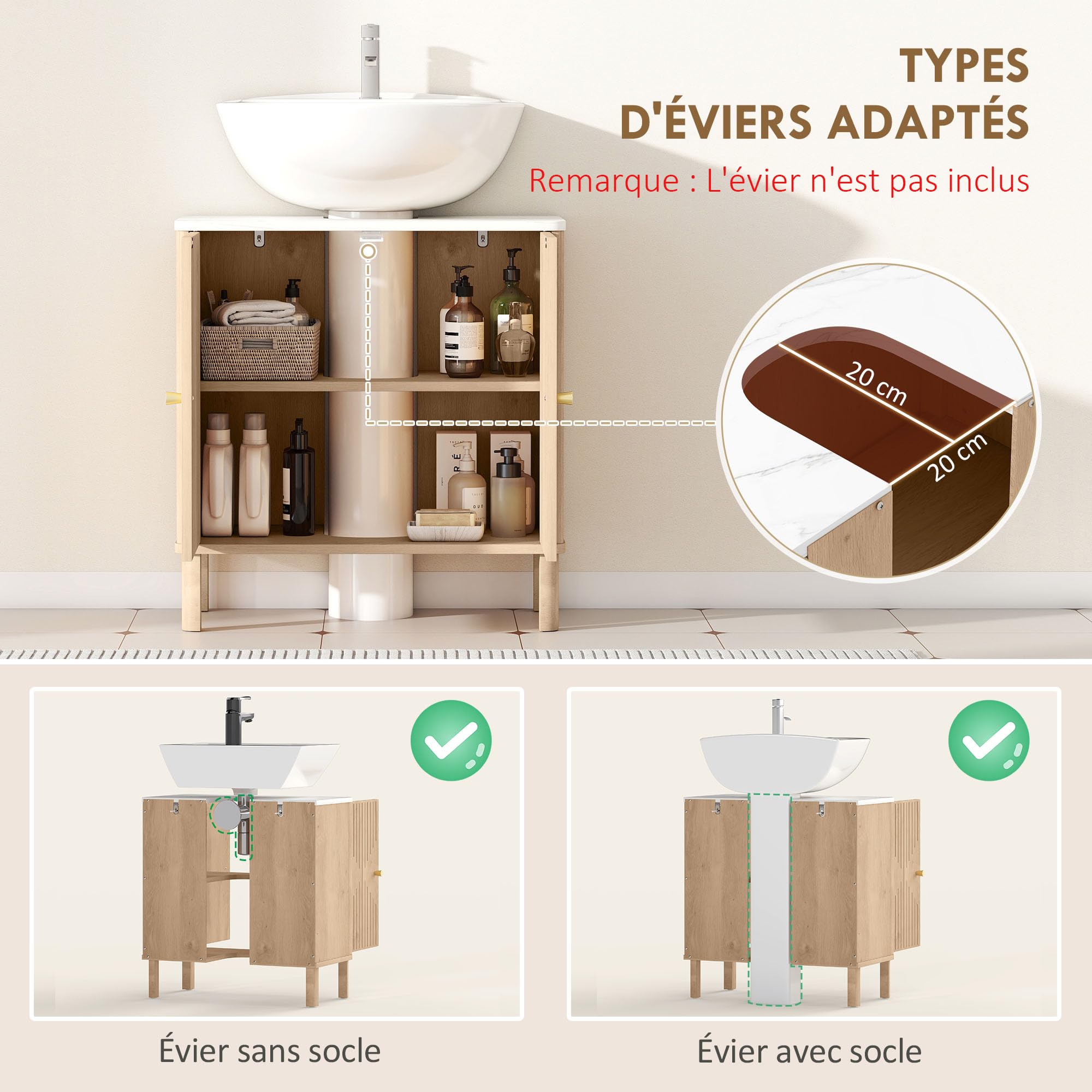 HOMCOM Meuble sous Lavabo avec Étagère pour Vasque, 60 x 30 x 63 cm, Chêne