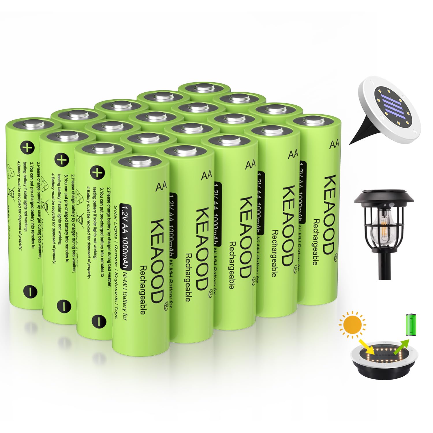 KEAOOD Ni-MH Rechargeable AA Solar Batteries 1.2v Pre-Charged 1000mAh Double A Battery for Solar Lights, String Lights，Pathway Lights (AA 1000mAh -