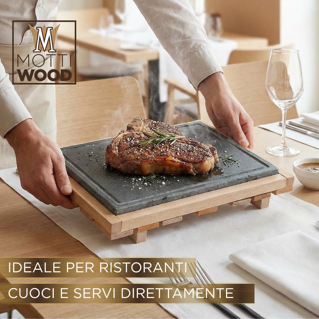 Pietra Lavica Siciliana 38x30x1,5CM, Con Supporto Legno Faggio, Estraibile, Piastra Refrattaria per Cucinare