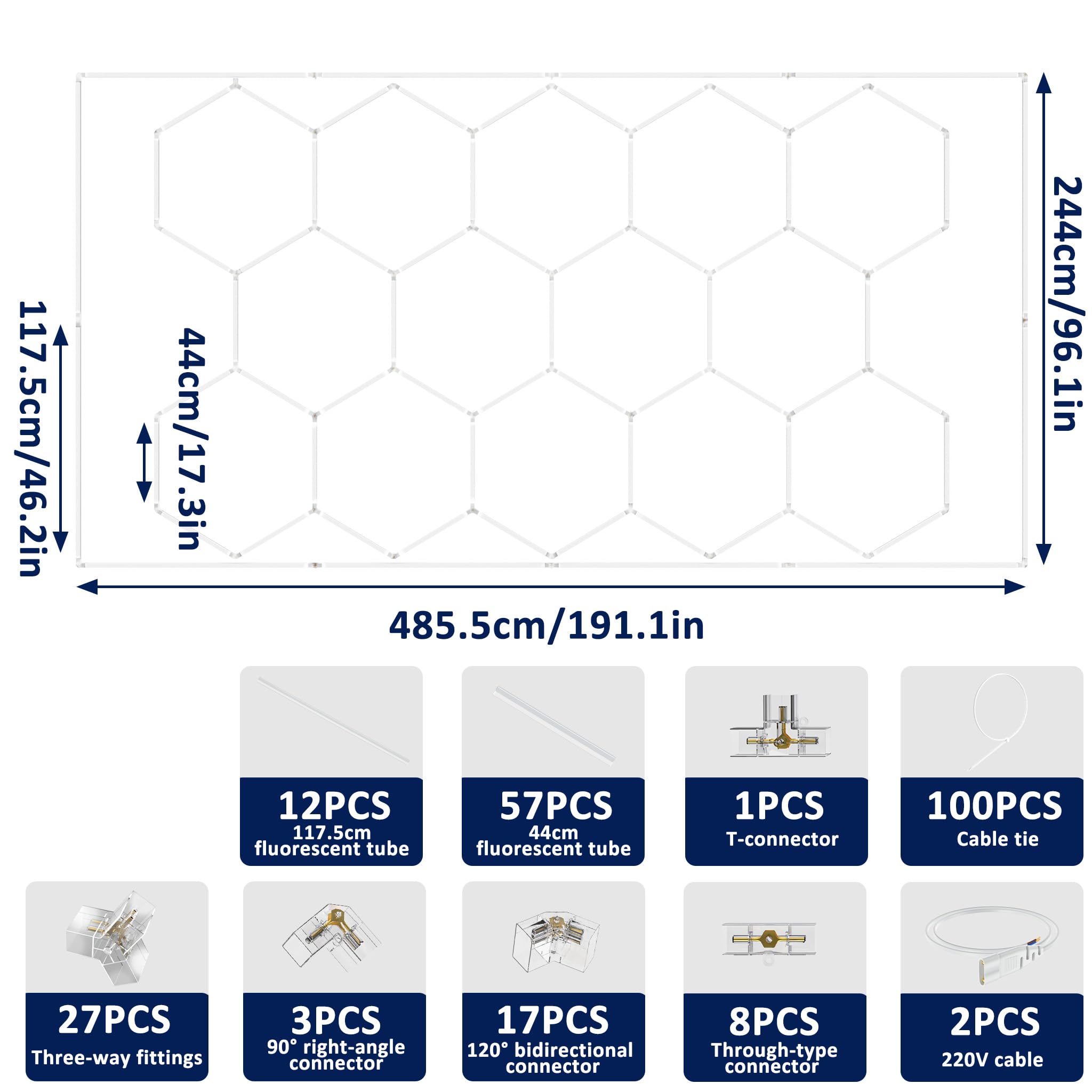 LZQ Lampada da soffitto a LED esagonale, a forma di nido d'ape, 14 esagoni, fai da te, illuminazione a nido d'ape per garage, officina, ufficio, magazzino, palestra, plafoniera in PVC, con rettangolo