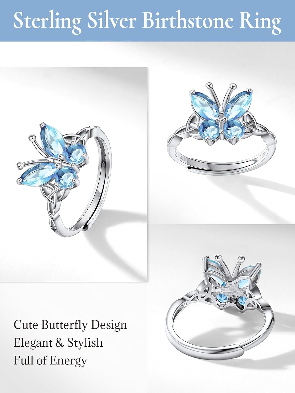 925 Sterling Silver Butterfly Ring,Adjustable Silver Birthstone Rings for Women,Dainty Butterfly Stackable Rings Gifts for Her