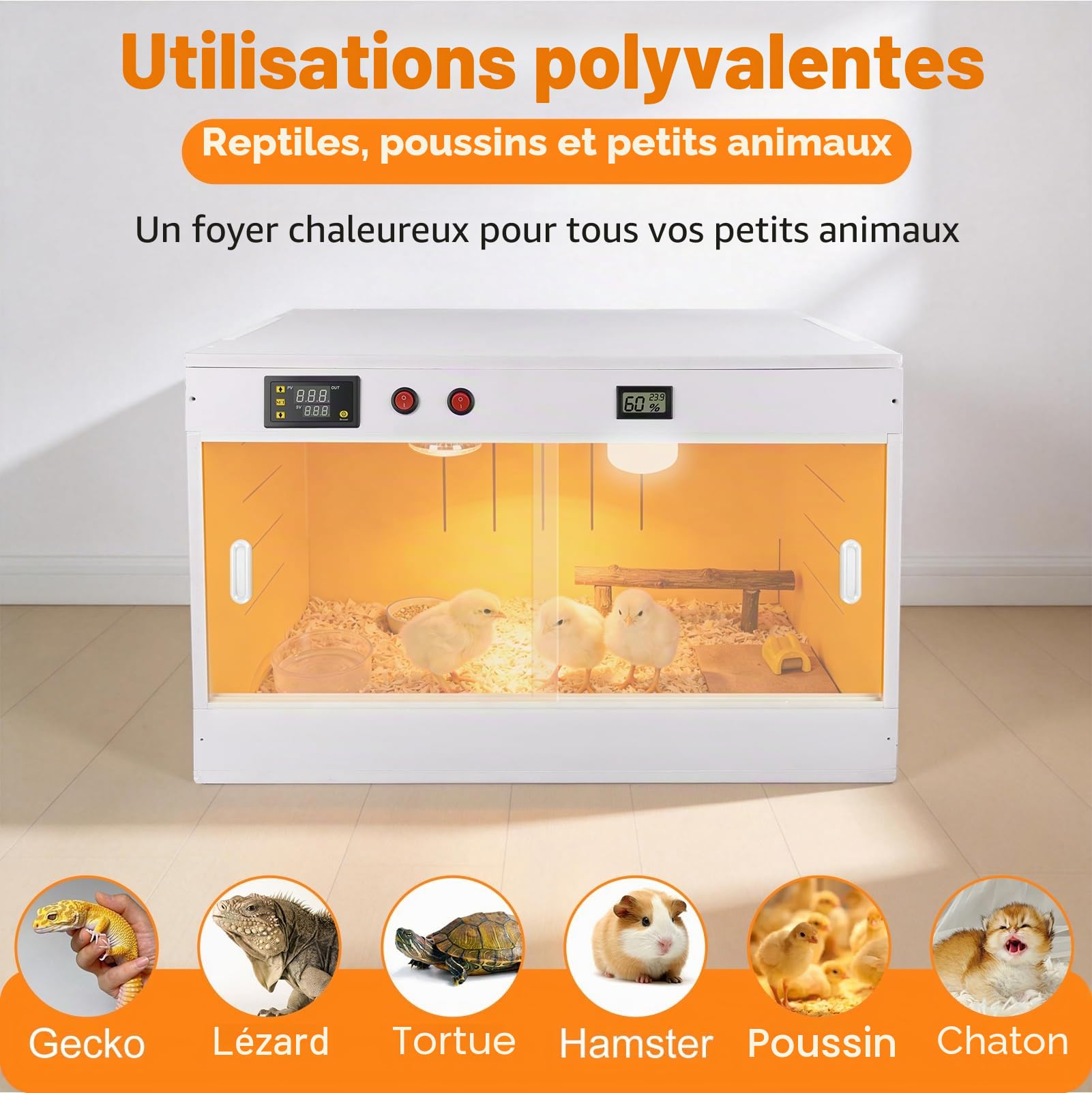 Boîte d'Éleveuse Poussin, Incubateur Couveuse Poussin, Cage a Poule de 96 L, avec Éclairage/Lampe Chauffante UVA et Porte Coulissante, pour Lézards, Geckos, Hamsters, Canards et Autres Petits Animaux