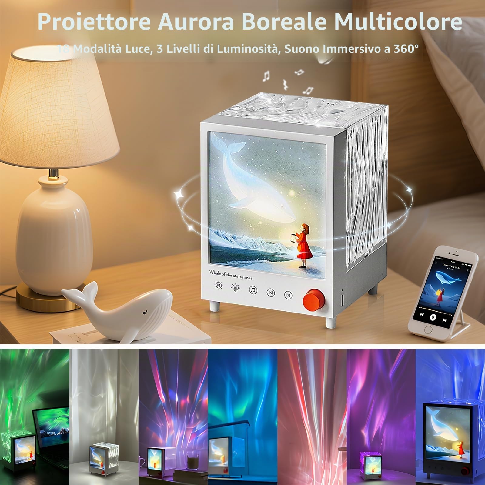 Proiettore Nordlicht Aurora Light, luce notturna a LED proiettore Aurora con 7 effetti di luce e pittura luminosa, con musica Bluetooth, adatto per decorazione cameretta dei bambini, feste, regali per