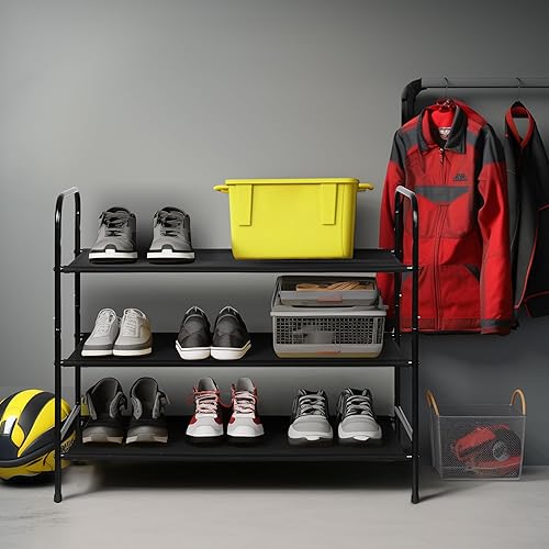 Miniatura 6 de MAX Houser Zapatero de 3 niveles, estante de almacenamiento de zapatos de metal para 9-12 pares, fácil de montar, entrada, dormitorio, negro