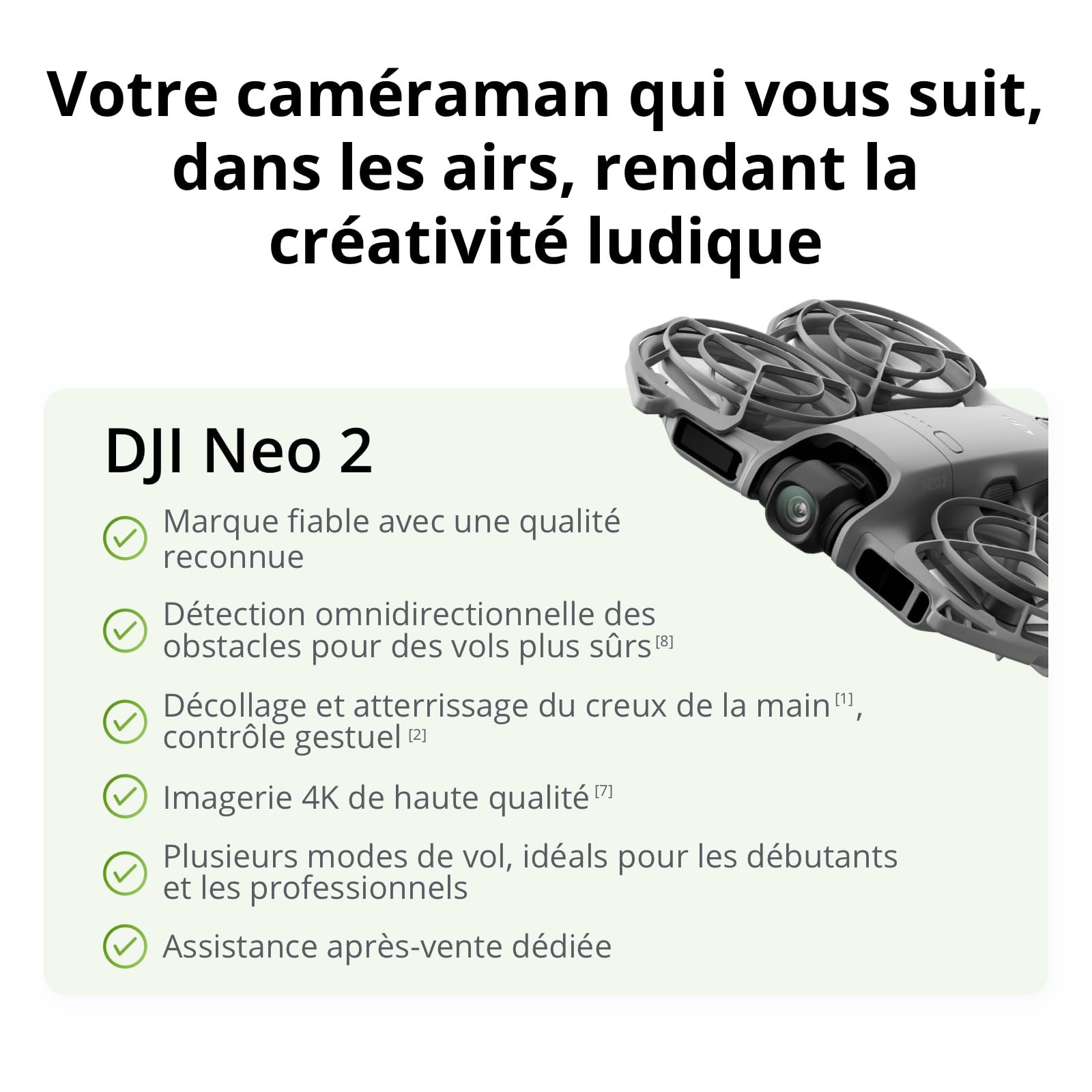 DJI Neo 2 (drone seul), léger, décollage & atterrissage du creux de la main, contrôle gestuel, ActiveTrack, détection obstacles omnidirectionnelle, drone 4K pour débutants