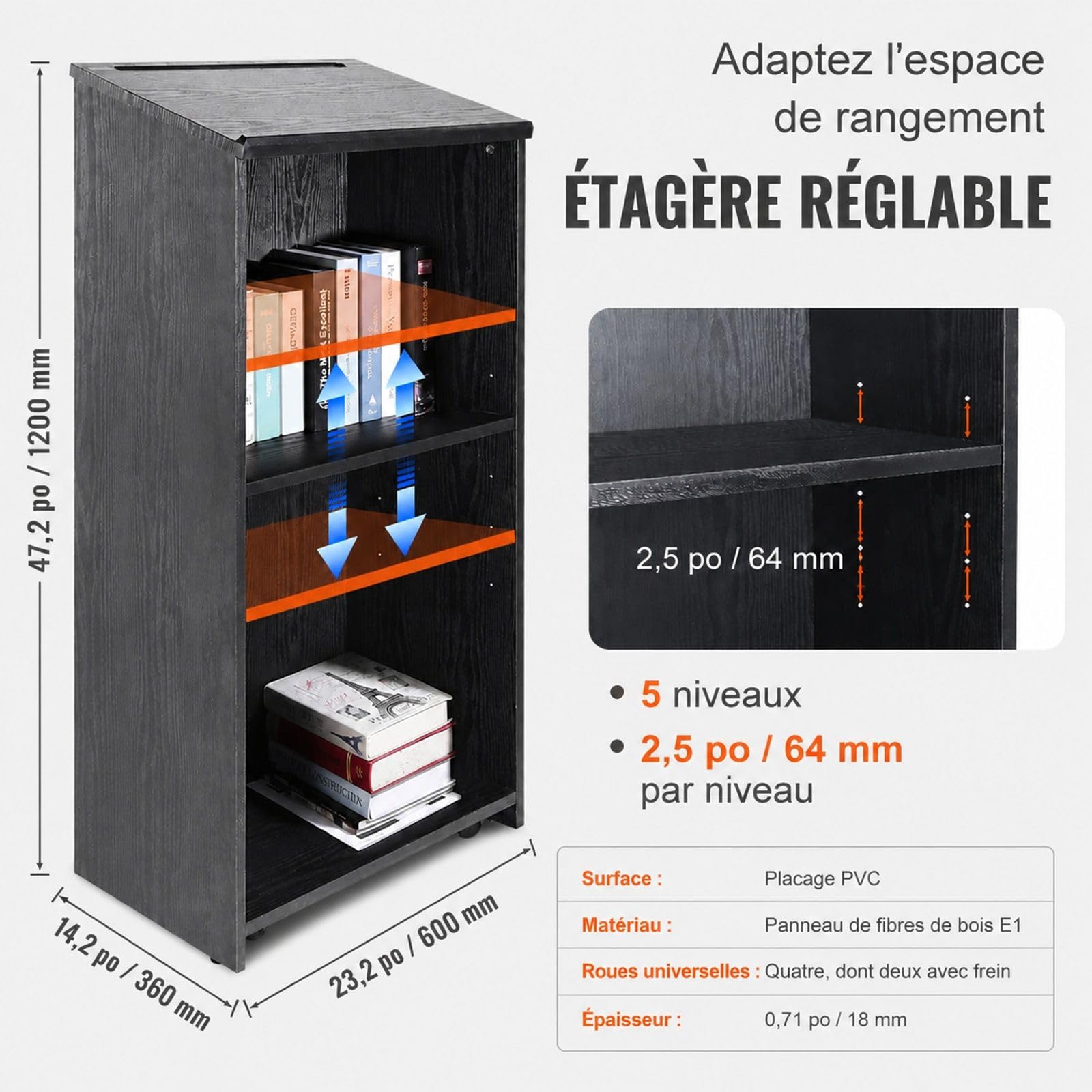 Pupitre de conférence Noir en Bois MDF avec Plateau incliné, étagère de Rangement et 4 roulettes, pour présentation, réception, Bureau, école, église et Restaurant