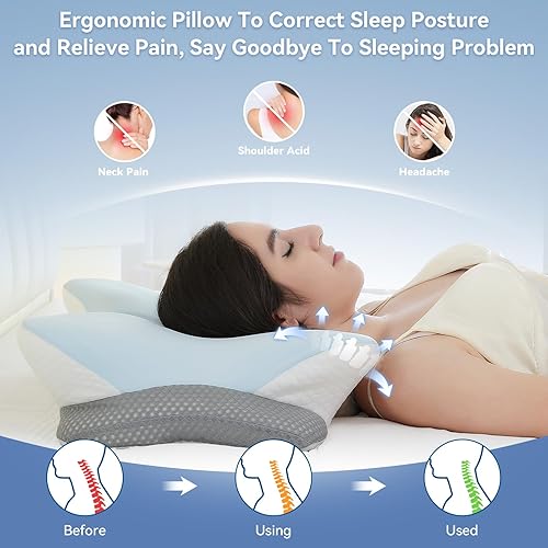 Miniatura 3 de Almohada cervical ergonómica para soporte del cuello, almohadas ortopédicas de espuma viscoelástica para dormir de lado con doble altura, almohada