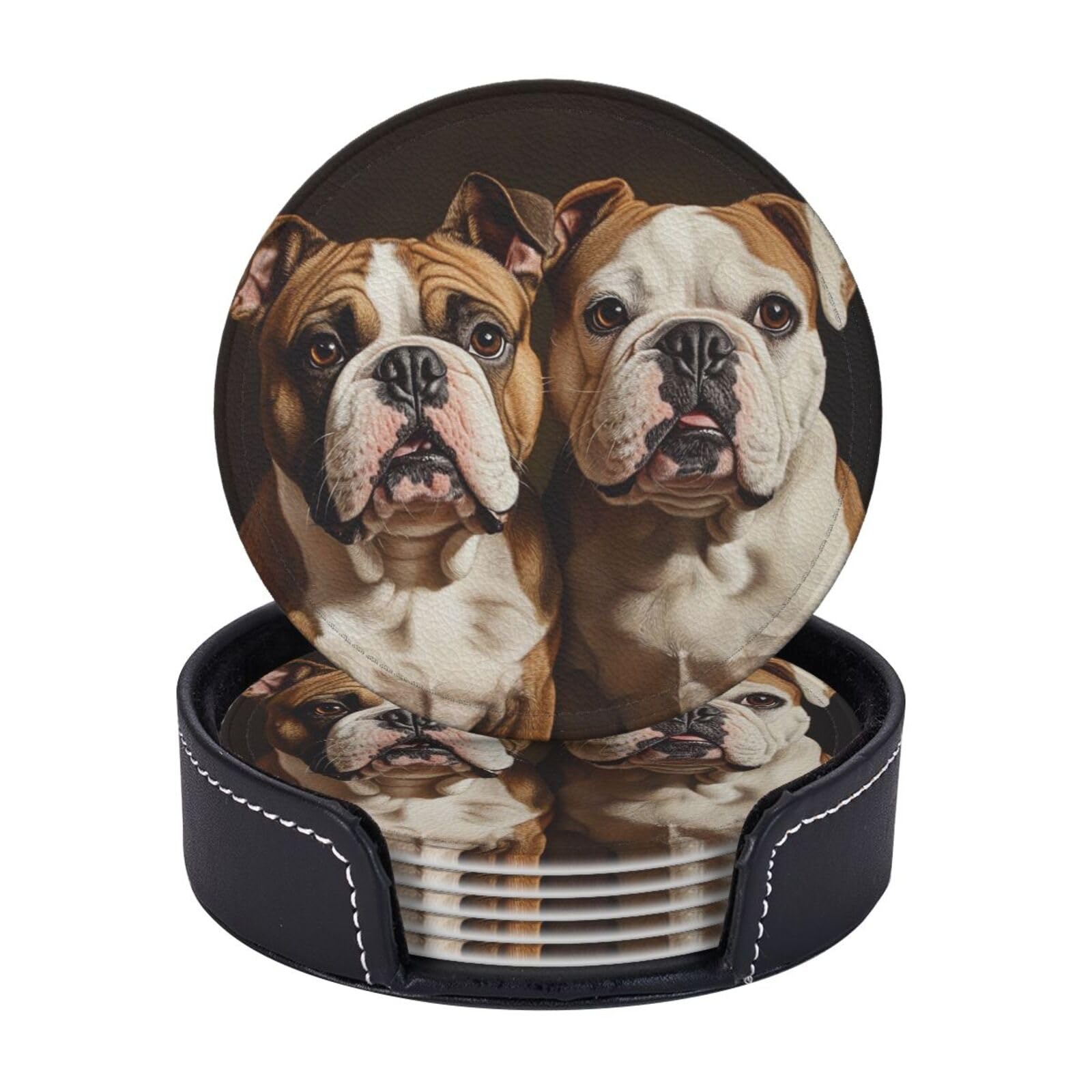 Mxzerfkgla English Bulldogs Drink Coasters Set Of 6 Round Leather Coaster With Holder Coasters For Drinks Cups Mugs Mat Pads Absorbent Non-Slip Coaster For Coffee Table Kitchen Bar Home Decor