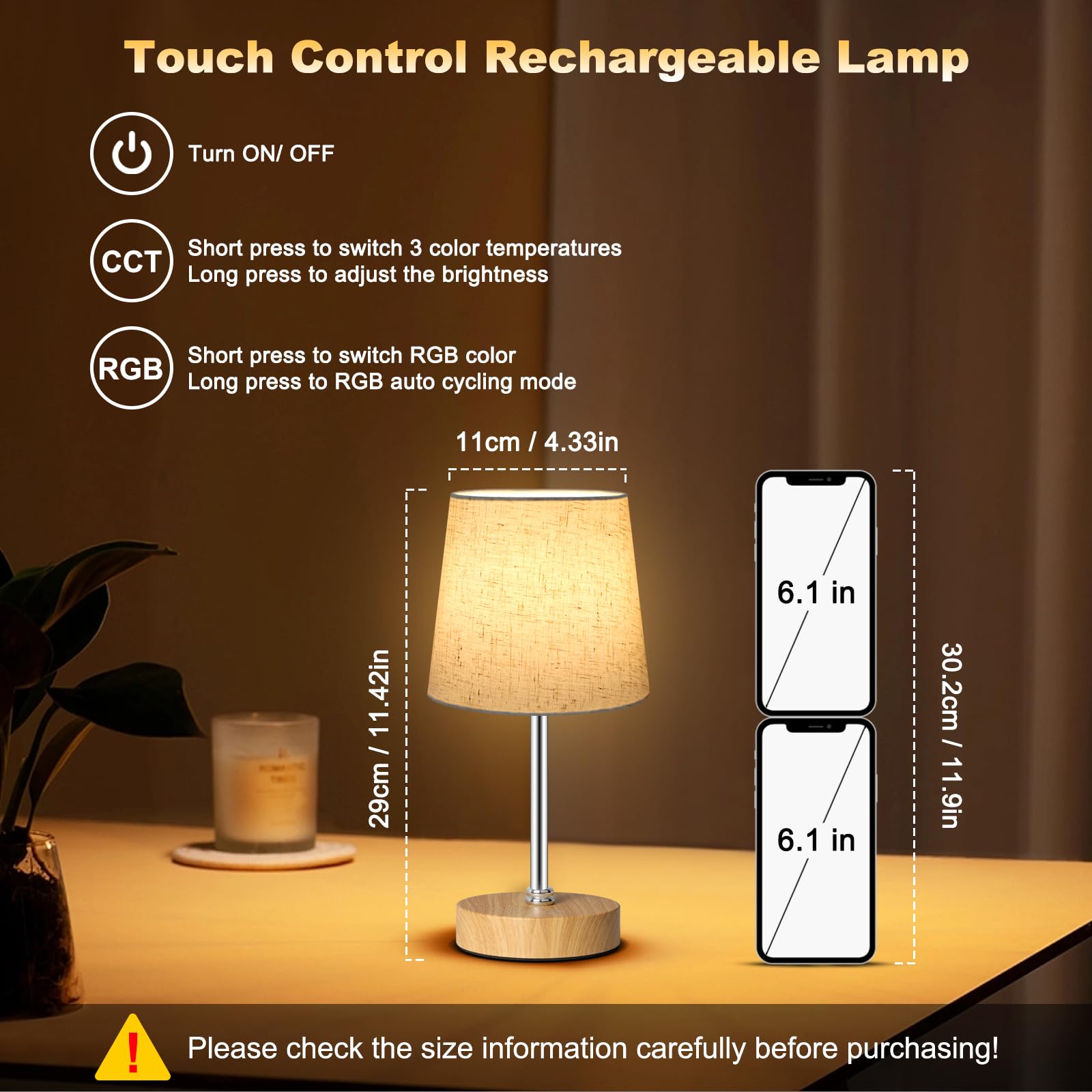 Wowag Piccola lampada da tavolo senza fili, 5000 mAh, ricaricabile a batteria, 3 colori e 7 RGB dimmerabile, luce notturna portatile da comodino per patio, ristorante, casa, base in legno, paralume in