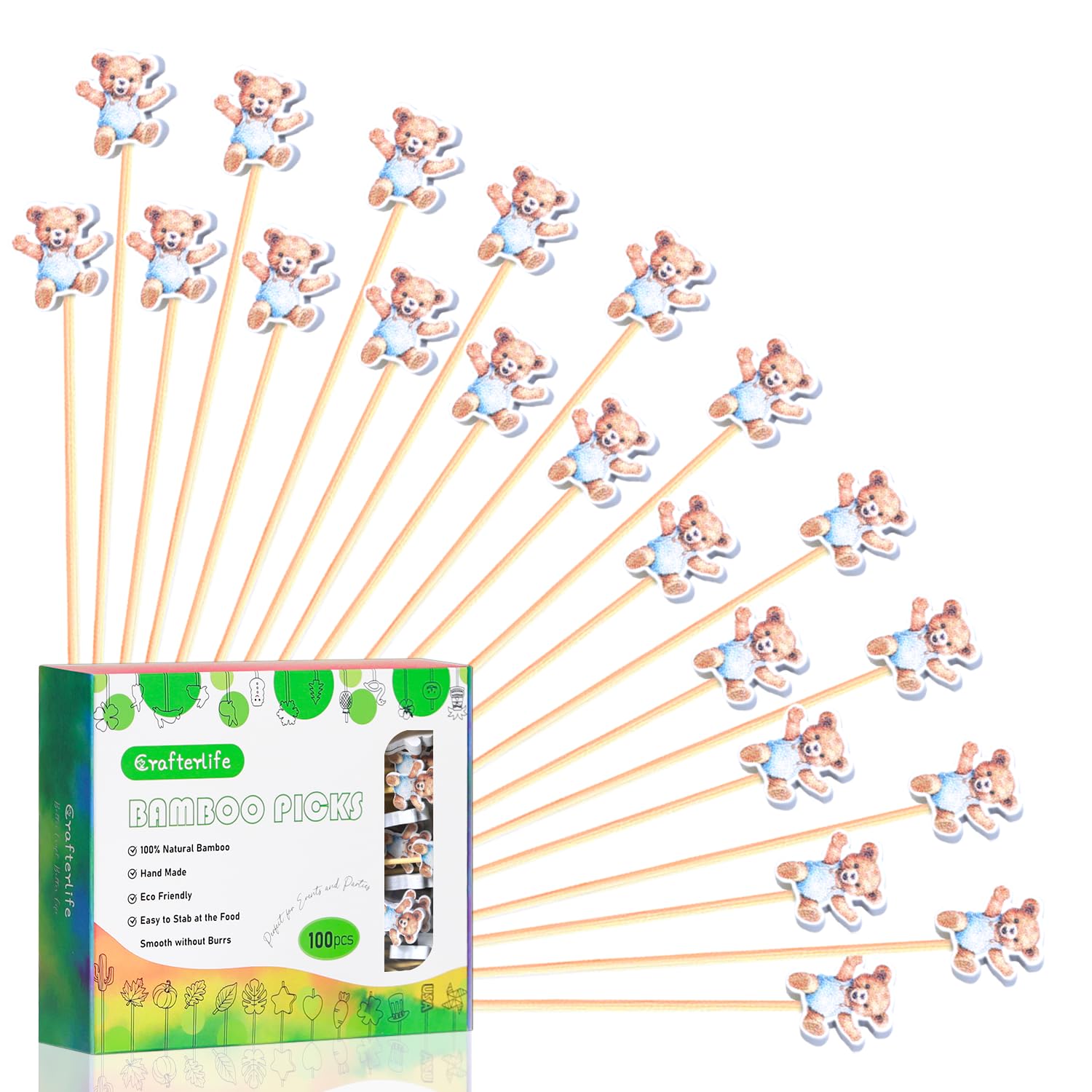 100Pcs Bear Theme Cocktail Picks We Can Bearly Wait Baby Shower Decor Long Toothpicks Fruit Sticks Skewers for Appetizer Charcuterie Food Garnish,