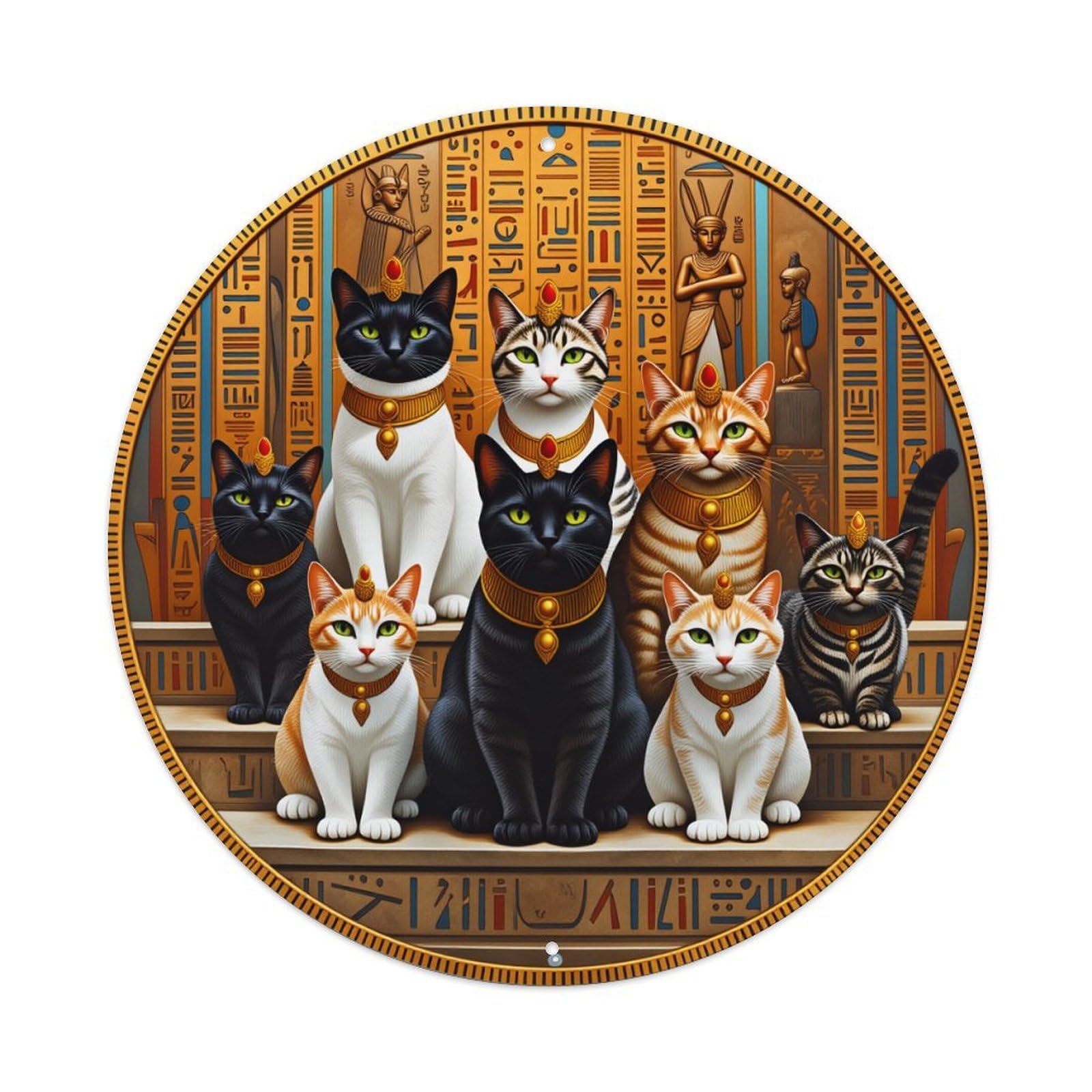 Egyptian Cats Hieroglyphics Throne Jewelry Round Tin Sign Vintage Style Metal Sign Home Bar Garden Wall Plaque Decor Metal Poster 8x8 Inch