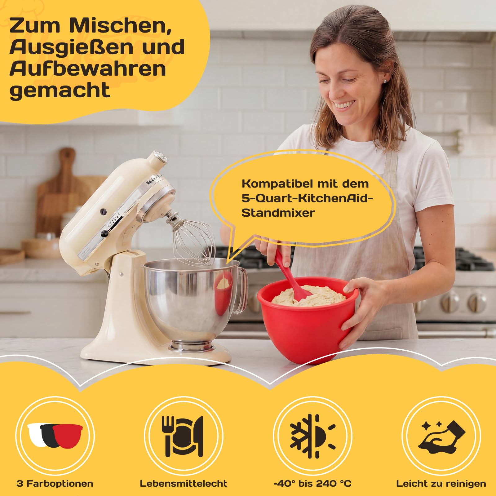 3 silikonowe wkładki z pokrywką do robota kuchennego KitchenAid Tilt-Head 5 l miska silikonowa nadaje się do kontaktu z żywnością od -40°C do 240°C, nadają się do kuchenki mikrofalowej, zmywarki i