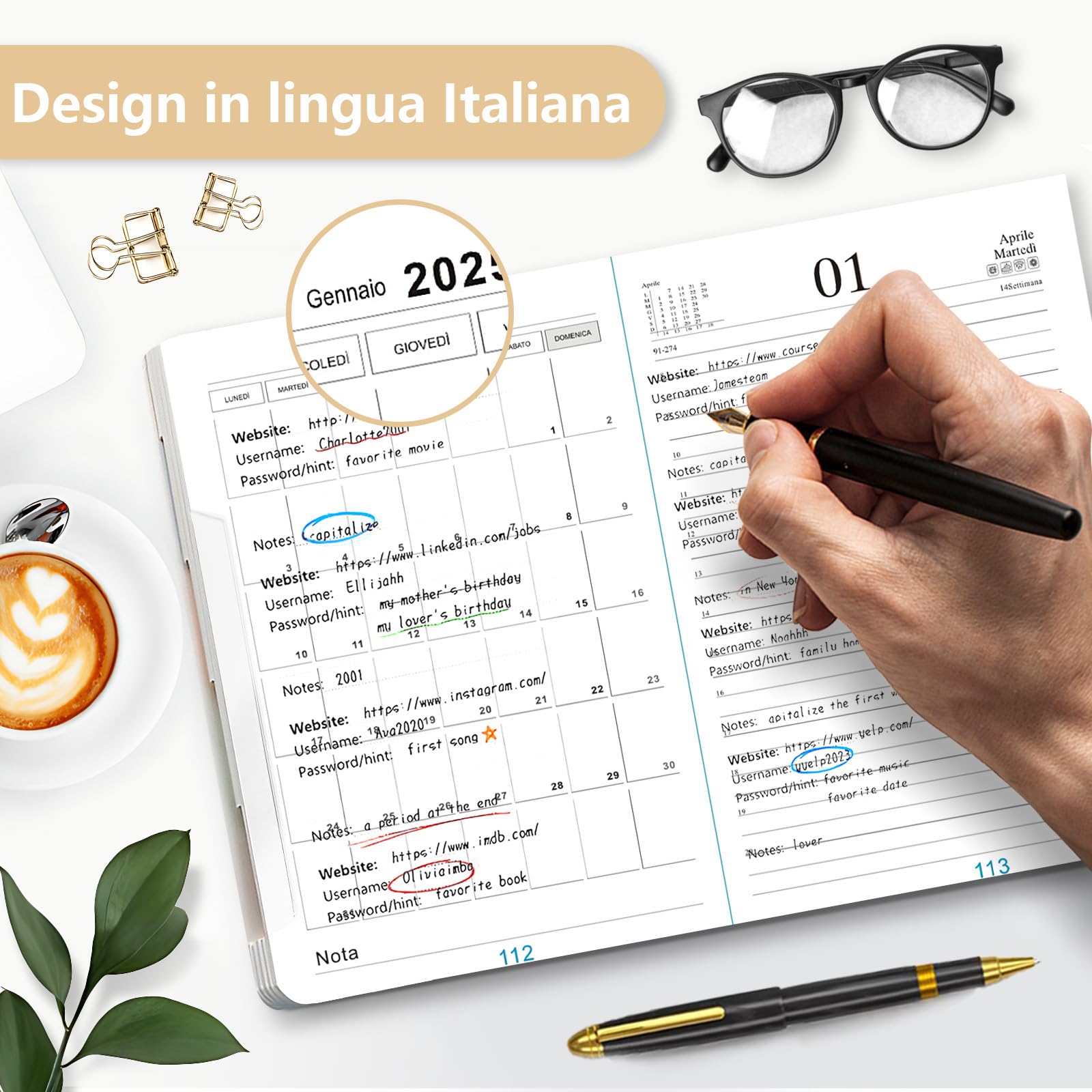 HW CASA Agende 2025 Giornaliera A5 Copertina Rigida con 200 Pagine Spesse Segnalibro in Raso Pianificazione Mensile e Giornaliera Etichette Colorate per i 12 Mesi