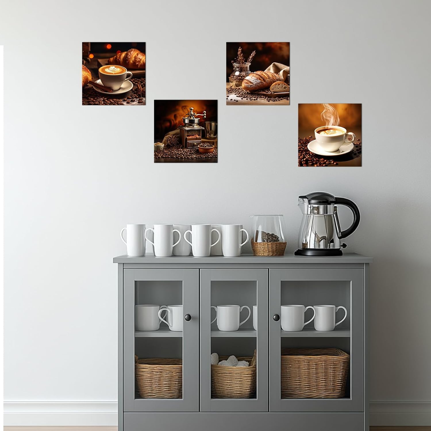 PLIDAAYO Coffee Wall Art 4 Pieces Coffee Bean and Coffee Canvas Poster Picture Modern Kitchen Print Painting Coffee Shop Artwork for Coffee Lover Dining Room Home Decor(Kit-03,16"x16"x4)